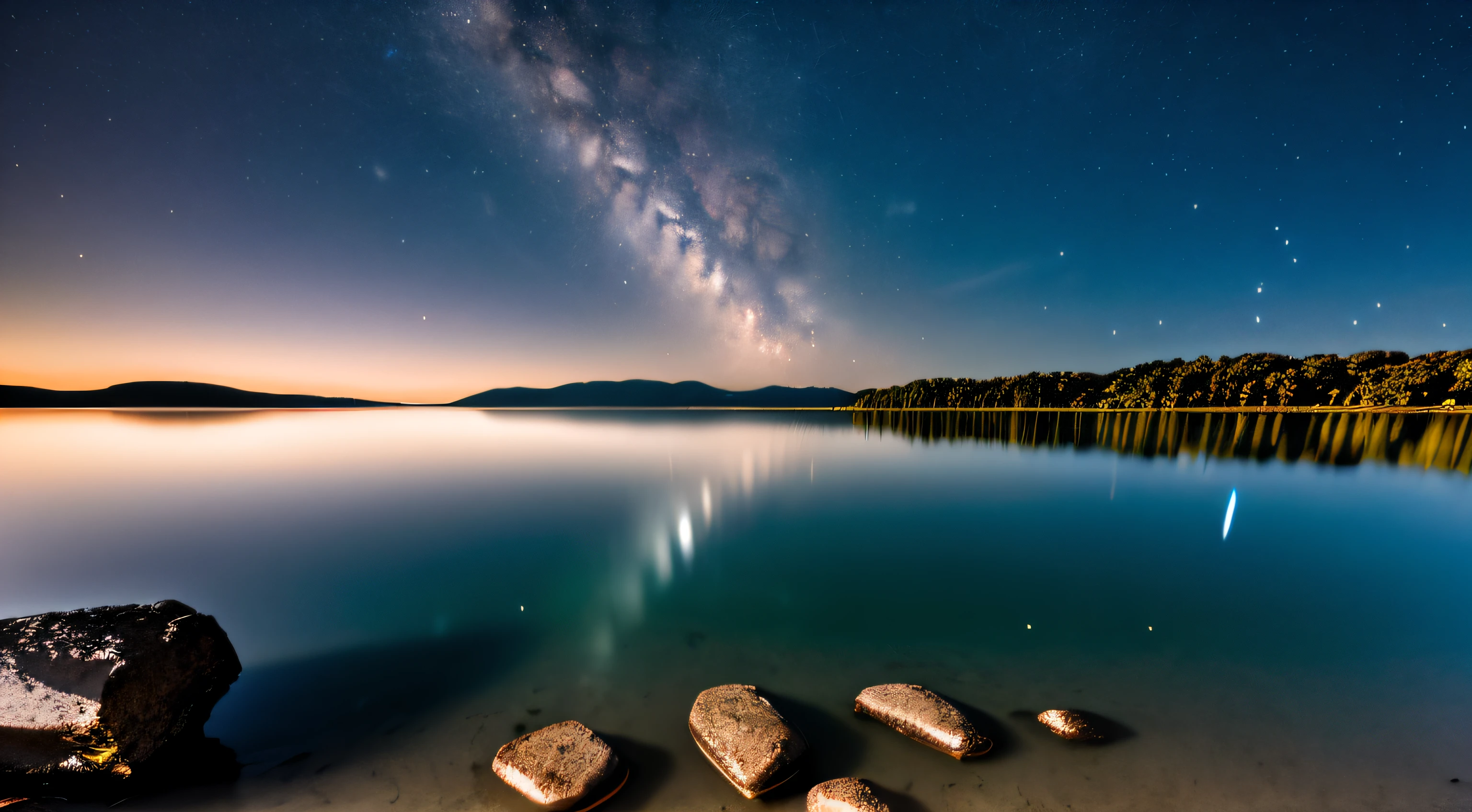 a beautiful view of the milky and the milky over a lake, stars reflecting on the water, night sky reflected in the water, the milky way in the sky, Starry Sky 8 K, the night sky is a sea, long exposure 8 k, the sky has the milky way, Milky Way, milkyway light, mikko lagerstedt, spectacular milky way, dreamy night