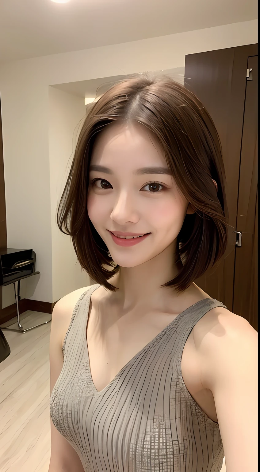 ((Best Quality, 8K, Masterpiece: 1.3)), 1 Girl, Slim Abs Beauty: 1.3, (Hairstyle Brown Hair Shortcut, Big: 1.2), Dress: 1.1, Super Slender Face, Delicate Eyes, Double Eyelids, Smile, Home, Raw Photo
