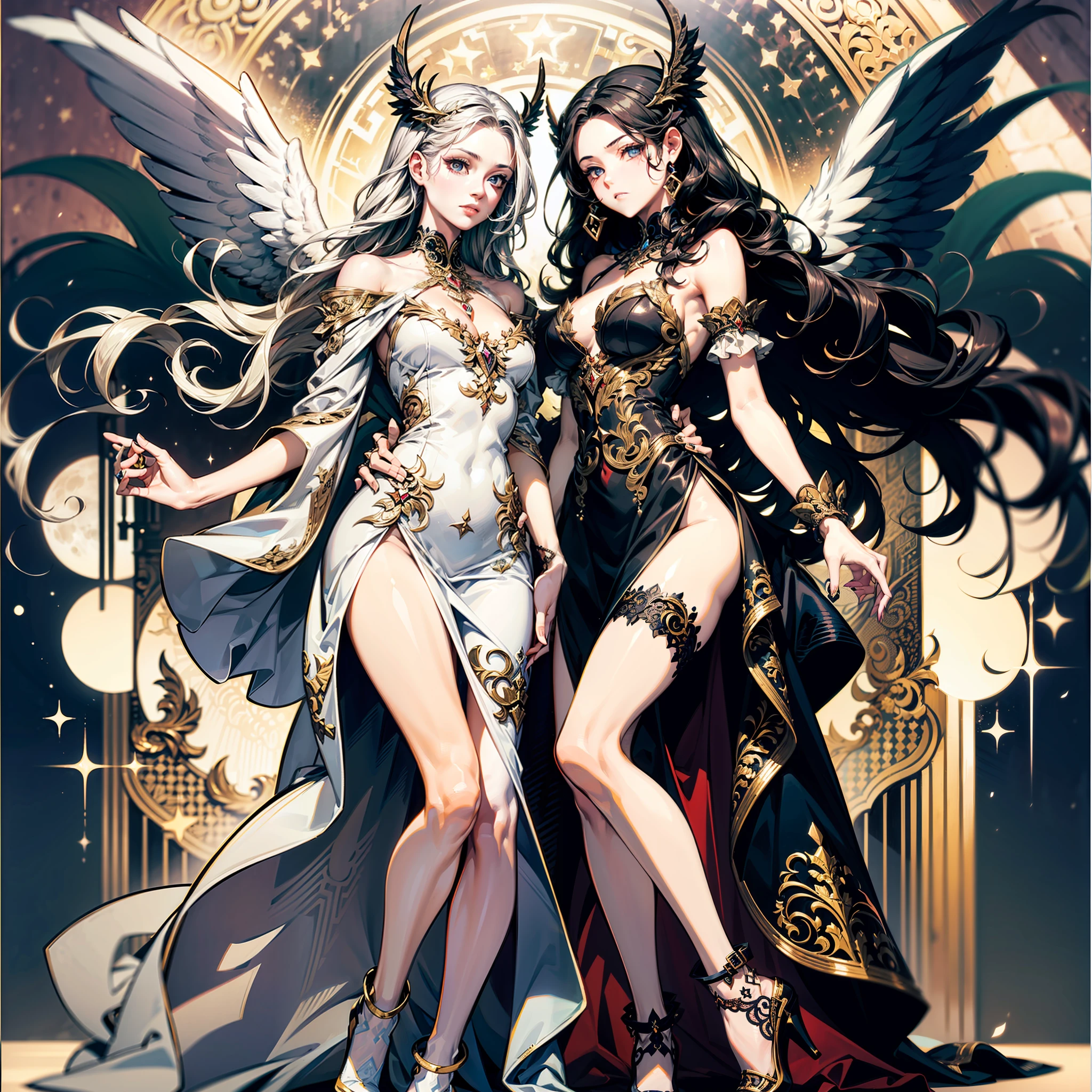 fantasy art, RPG art [[a picture of 2 women]], , a female angel (Masterpiece, 1.3, intricate details), wearing dress, pale skin, best details beautiful face (Masterpiece, 1.3, intricate details), blond hair, long hair wavy hair (Masterpiece, 1.3, intricate details), blue eyes, high heeled boots, wearing a dress (Masterpiece: 1.3, intricate details), large angelic wings, white angelic wings spread [AND] a female demon (Masterpiece, 1.3, intricate details), demon, red skin (Masterpiece, 1.3, intricate details), demonic wings, black demonic wings spread, demonic horns (Masterpiece, 1.3), red skin (Masterpiece, 1.3), black hair, red eyes, best details beautiful face (Masterpiece, 1.3, intricate details), wearing a dress (Masterpiece: 1.3, intricate details), high heels, in the border between heaven and hell, moon, stars, clouds, god rays, soft natural light silhouette, dynamic angle,  photorealism, panoramic view (Masterpiece 1.3, intense details) , Wide-Angle, Ultra-Wid