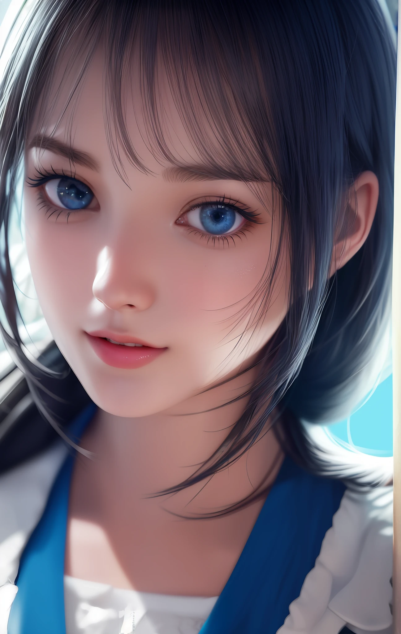 ulzzang -6500-v1.1, (photorealisitc:1.4), animated cartoon、anime styled、ssmile、portraitures、Beautiful and moisturized blue eyes like clear glass、Beautiful detailed woman, extremely detailed eye and face, Beautiful detailed eyes, huge filesize, ultra-detailliert, hight resolution, highly detaile, beste-Qualit, masterpiece, illustratio, highly detaile, SVD, unification, 8 k wallpaper, splendid, finely detail, masterpiece, beste-Qualit, Highly detailed ticker uniform 8K wallpaper, Light on the Face、电影灯光、19-year-old girl