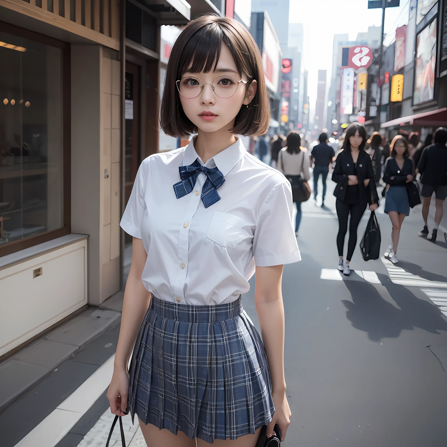 (8K、Raw photography、beste-Qualit、masterpiece:1.2)masterpiece,beste-Qualit、Super-High Resolution,Raw photo,ren,Beautiful fece,shorth hair,One person, 独奏,eye glass,,Dark look,Small breasts,fullllbody,Round glasses、cute little、japanese lady,is standing,Hard-eyed,skinny,Rasping,irate,small tits,flat breast(photorealisitc:1.37)、Photon mapping,Light blue ribbon,Realistic、Cute little face,Brown-eyed、Black socks、Red bow tie、Radio City、Physically Based Rendering、Foreground、depth of fields、Blurry background、The photograph,The girls、Body, Long legs, Thin leg, bob cuts,(Bangs are visible), Hair, s lips, Blue_The eye, nosesoft, Light blue shirt, Navy blue and white plaid pleated skirt, Sheer clothing,, Thigh, Black cotton socks,Nogizaka Idol, 女優, Japan idol