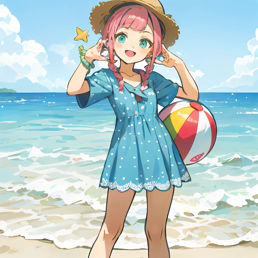 (teens girl:1.0), (Pink hair, Medium length:1.2), (Braided hairstyle:1.1), (Bright green eyes and light blue eyes,Round:1.2), (casual beach clothing:1.2), (lightweight summer one-piece dress:1.2), (a straw fedora hat:1.0), (flipflops:1.0), (star-shaped earring:1.1), (Lace headband:1.0), (Cute accessories:1.3), (peaceful smile :D:1.1), (Casual pose, Standing:1.3), (Beach background:1.3), (Holding a beach ball:1.1)