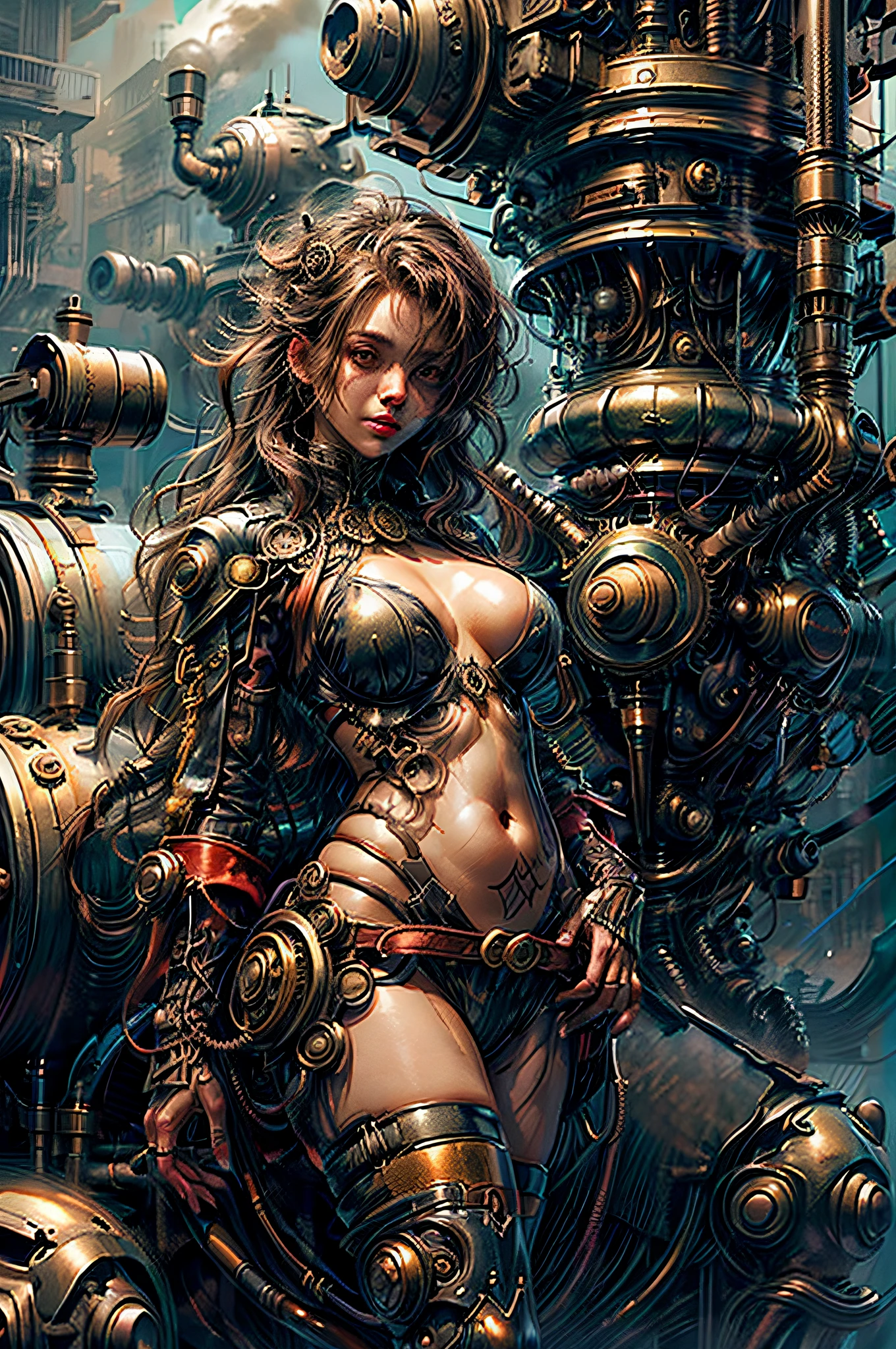 (steampunc)、(absurderes、hight resolution、ultra-detailliert)、highly detailed CG unit 8k wallpaper、intricate-detail、Workshop in the background、Many pipes、joint、complex machinery、Big gears、steams、Machine Wall、Lots of meters、Industry、tech、impurity、anvil、buttoning、levers、automaton、electricity、electric sparks epic atmosphere、cow boy shot、dynamicposes、factories、1womanl、matural female、longwavy hair、Split color hair、bangss、manga comprida、finely eye and detailed face、detailed hairs、Hair luster、large full breasts、cleavage of the breast、thighs thighs thighs thighs、The belly、a navel、Many tattoos、(juicy skin)、(Very shiny skin)、Black leather mechanical cyber suit、highleg、manga comprida、Black leather gloves、intricate suit、(Glossy clothing)、Thick black leather belt、long boots、Fine mechanical parts、Glowing parts
