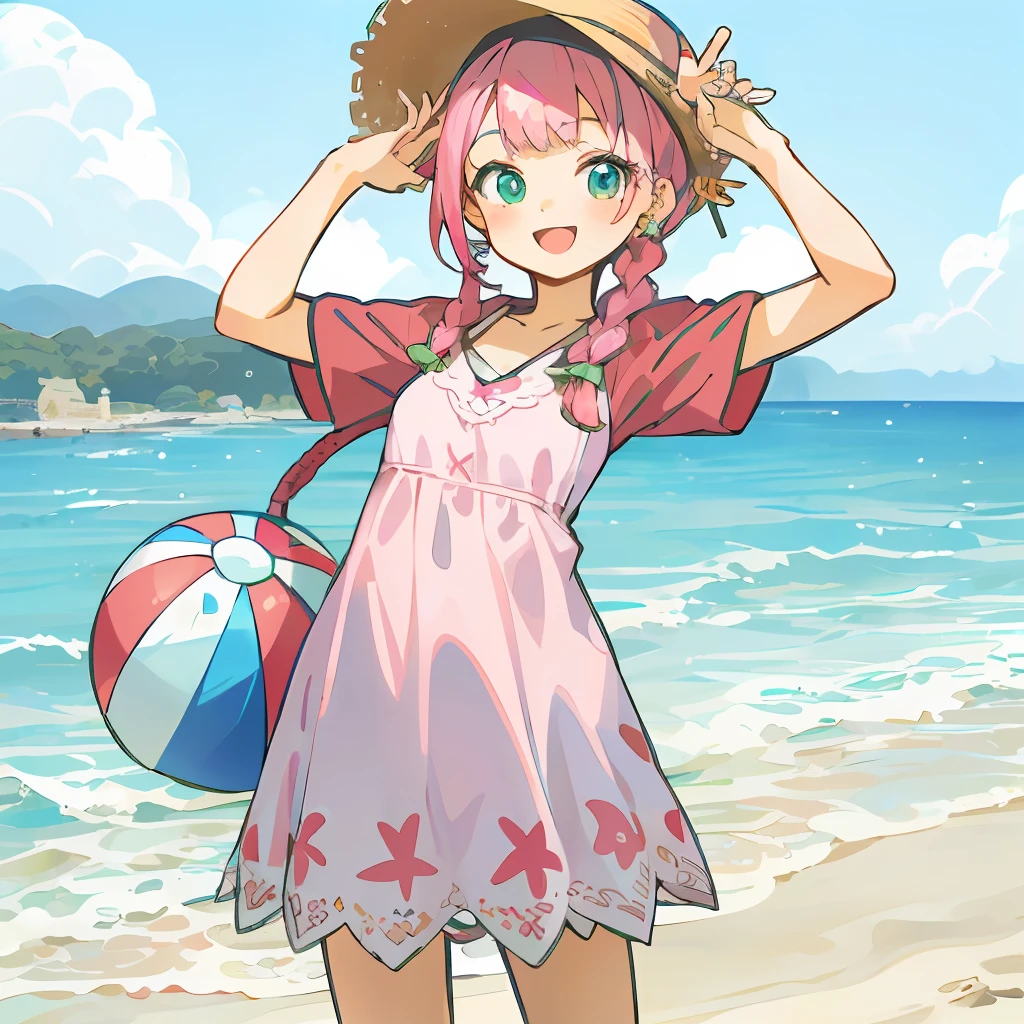 (teens girl:1.0), (Pink hair, Medium length:1.2), (Braided hairstyle:1.1), (Bright green eyes and light blue eyes,Round:1.2), (casual beach clothing:1.2), (lightweight summer one-piece dress:1.2), (a straw fedora hat:1.0), (flipflops:1.0), (star-shaped earring:1.1), (Lace headband:1.0), (Cute accessories:1.3), (peaceful smile :D:1.1), (Casual pose, Standing:1.3), (Beach background:1.3), (Holding a beach ball:1.1)