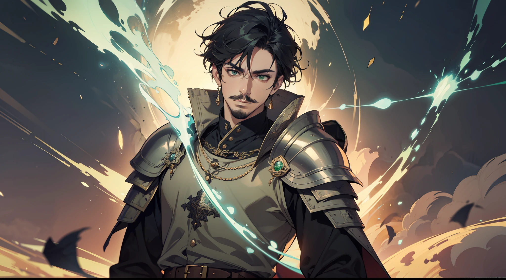 （absurderes，A high resolution），16k，large tall，1 man，Old age，short mustache，black color hair，armor，Intricate attire，Western-style Middle Ages，ancient clothes，Open-mouthed，Green light，magic power，magia