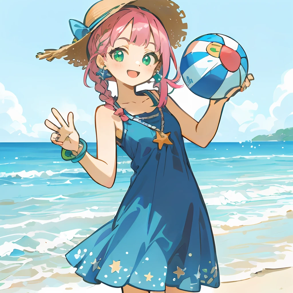 (teens girl:1.0), (Pink hair, Medium length:1.2), (Braided hairstyle:1.1), (Bright green eyes and light blue eyes,Round:1.2), (casual beach clothing:1.2), (lightweight summer one-piece dress:1.2), (a straw fedora hat:1.0), (flipflops:1.0), (star-shaped earring:1.1), (Lace headband:1.0), (Cute accessories:1.3), (peaceful smile :D:1.1), (Casual pose, Standing:1.3), (Beach background:1.3), (Holding a beach ball:1.1)