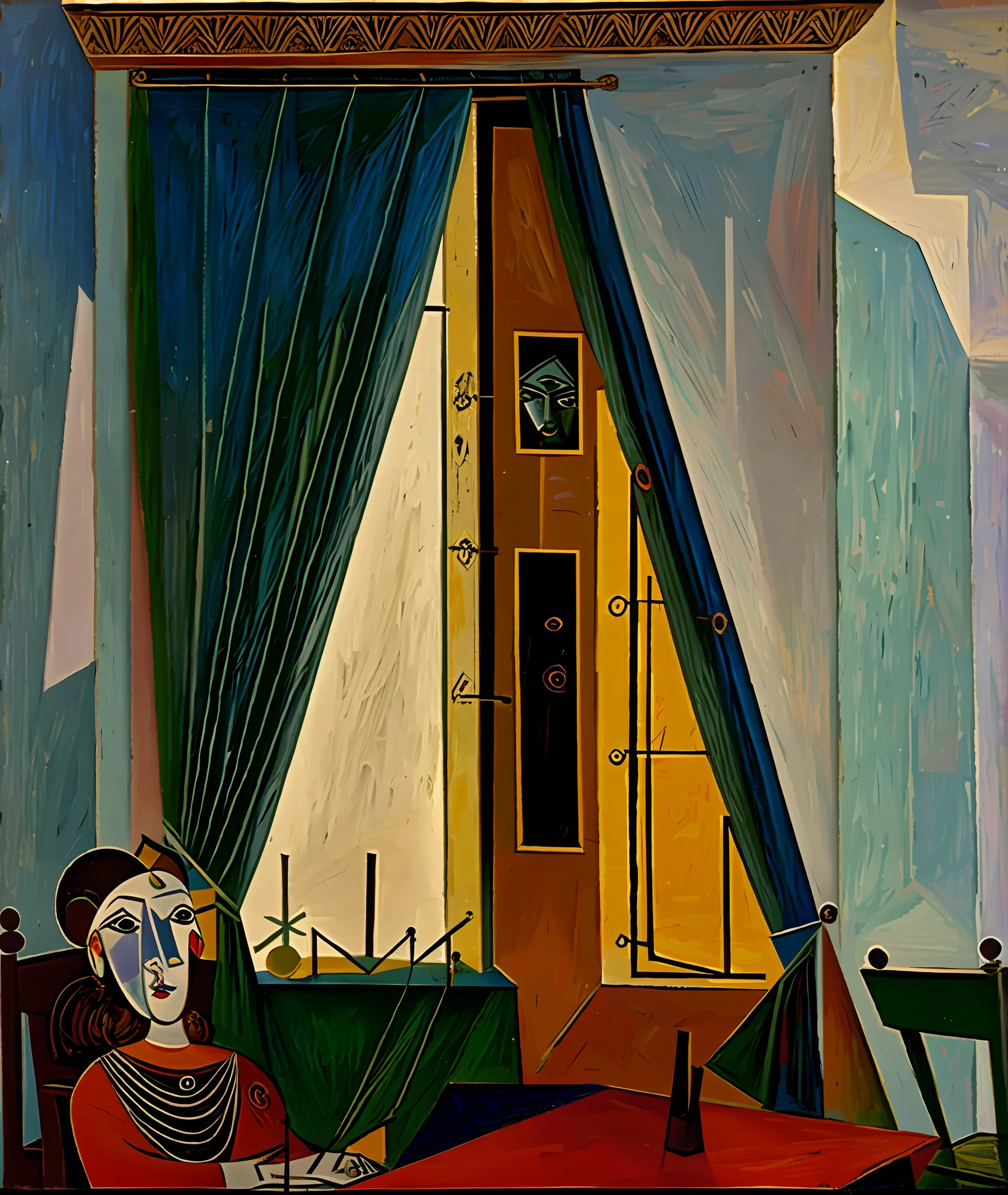 Picasso Alhambra，crying woman，janelas，The curtains on both sides are symmetrical，desks，a chair，locker，fresh flowers，mirrors，abstracted