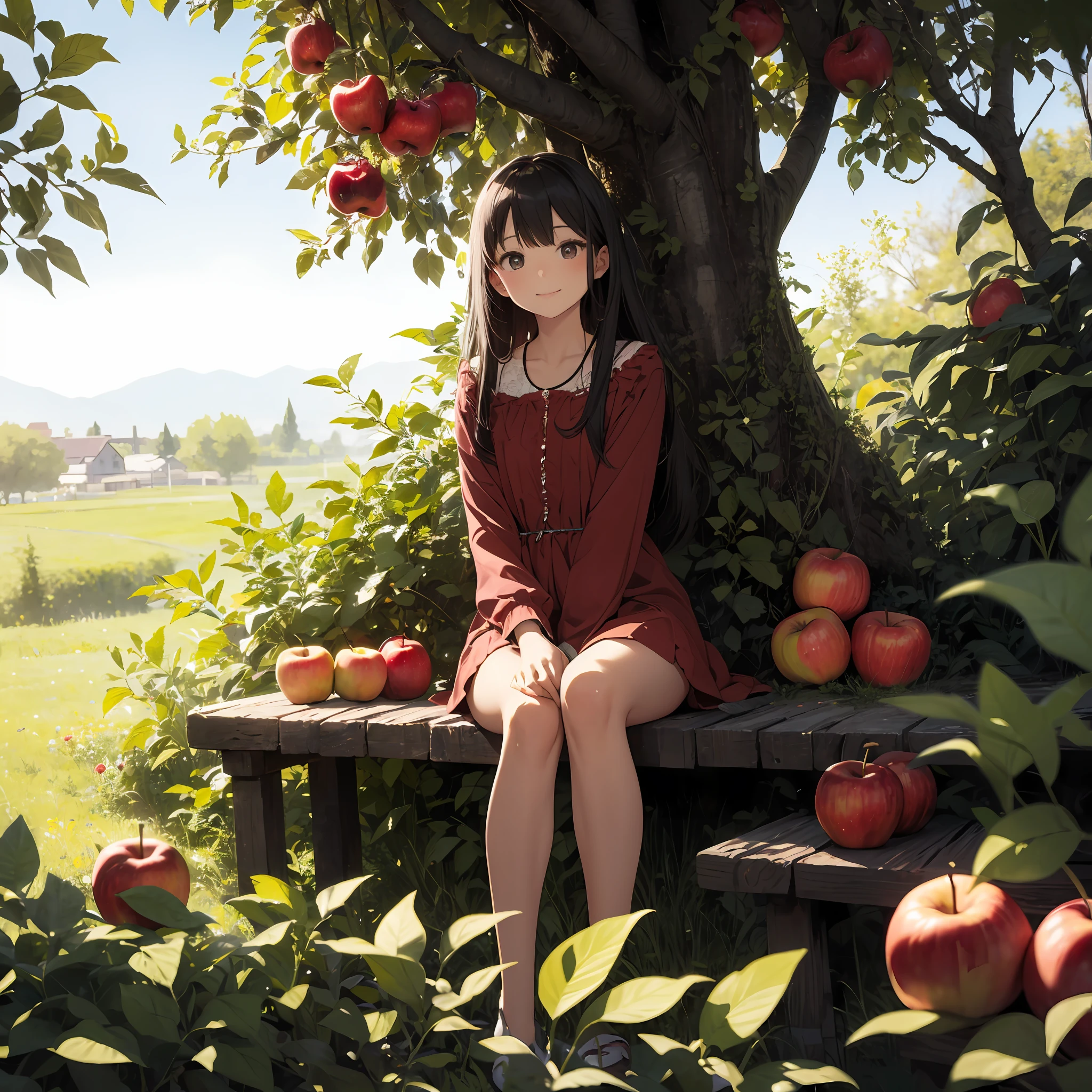 Girl in red，lovly，animel，ssmile，In the background is a tree overgrown with apples --auto