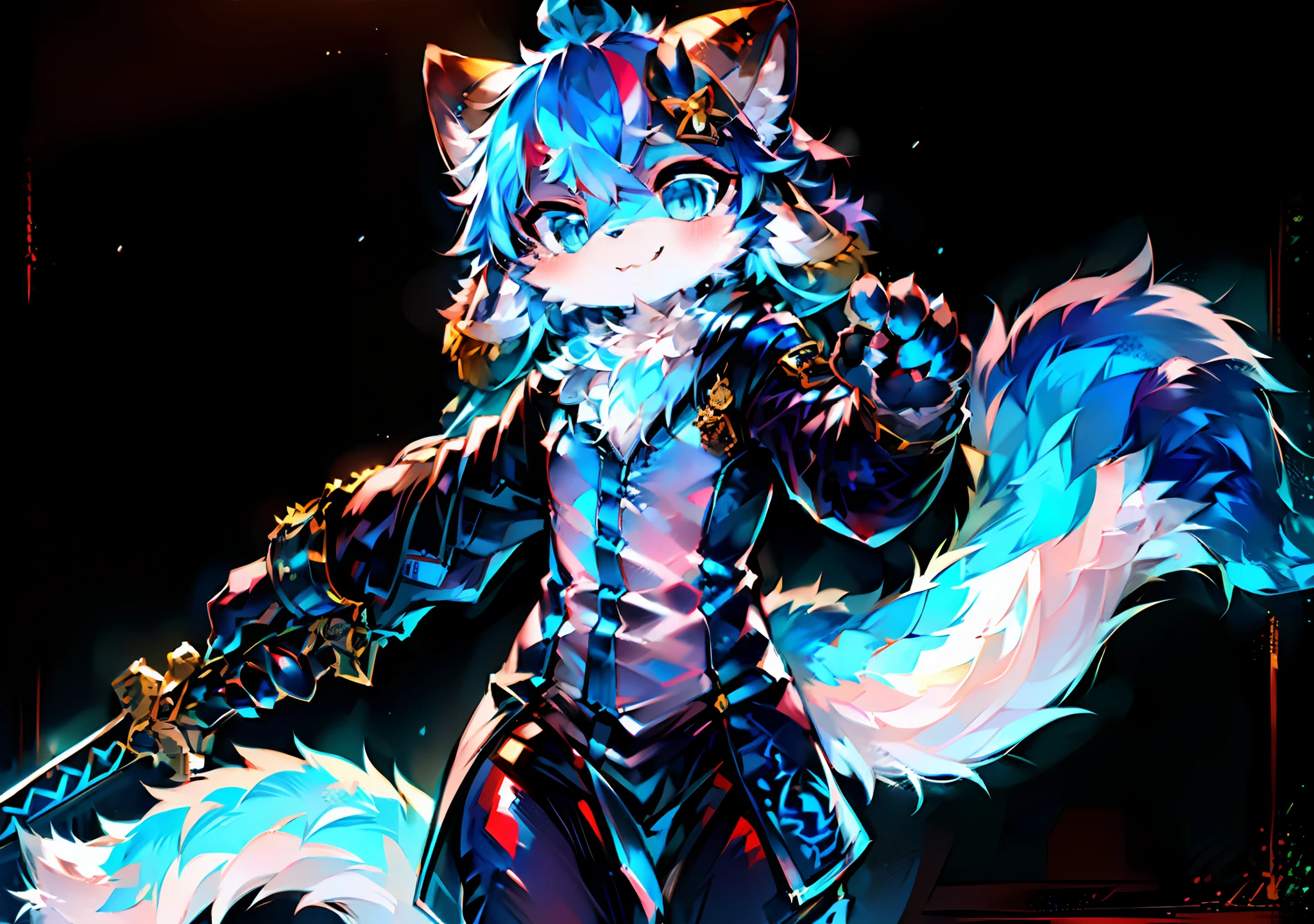 (ambiente dark:0.8),巨作,High quality,abstract res,Digital painting\(The artwork\), Yupa,Kiyosan,(anthro,Fluffy fur,Character focus:1.1),anthro male cat,eyes with brightness, 独奏, shaggy, shaggy male, (Full Body Furry, Fluffy tail, White fur, blue color eyes, There are blue horns on the head，There are stars in the eyes，ssmile:1.2), (long canines、holding a longsword、heavily armed、sense of science and technology、looking towards the viewer：1.2），（external、the night、As estrelas、A starry sky：1.1）