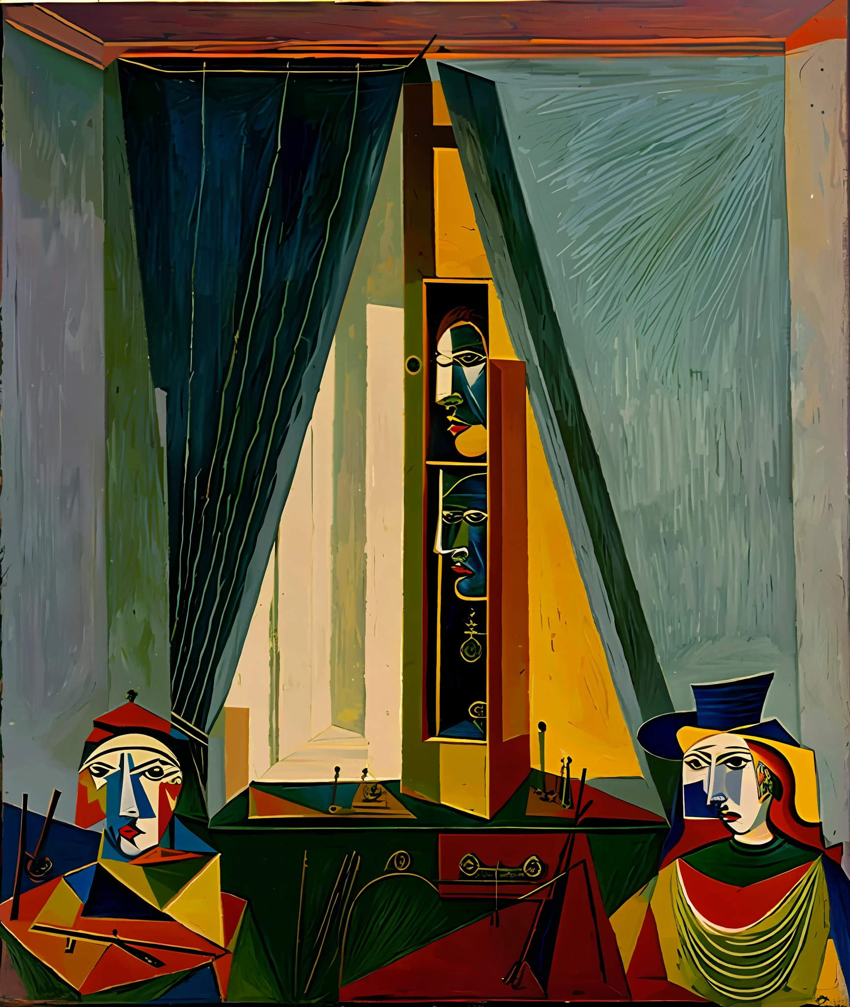 Picasso Alhambra,crying woman,janelas,The curtains on both sides are symmetrical,desks,a chair,locker,fresh flowers,mirrors,abstracted
