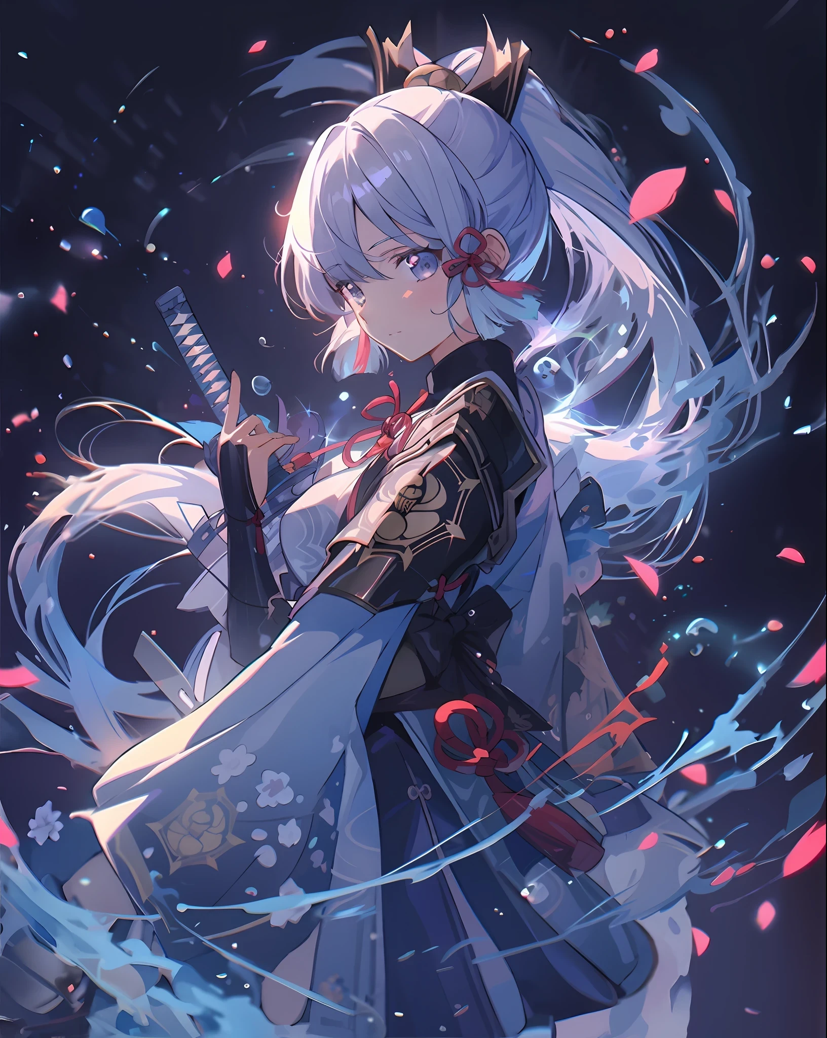 anime girl with sword and sword in her hand, white-haired god, Keqing from Genshin Impact, anime illustration, Ayaka Genshin impact, onmyoji, Beautiful anime artwork, clean and meticulous anime art, Onmyoji detailed art, Anime art wallpaper 4 K, Anime art wallpaper 4k, anime fantasy illustration, Anime wallpaper 4k, Anime wallpaper 4 k