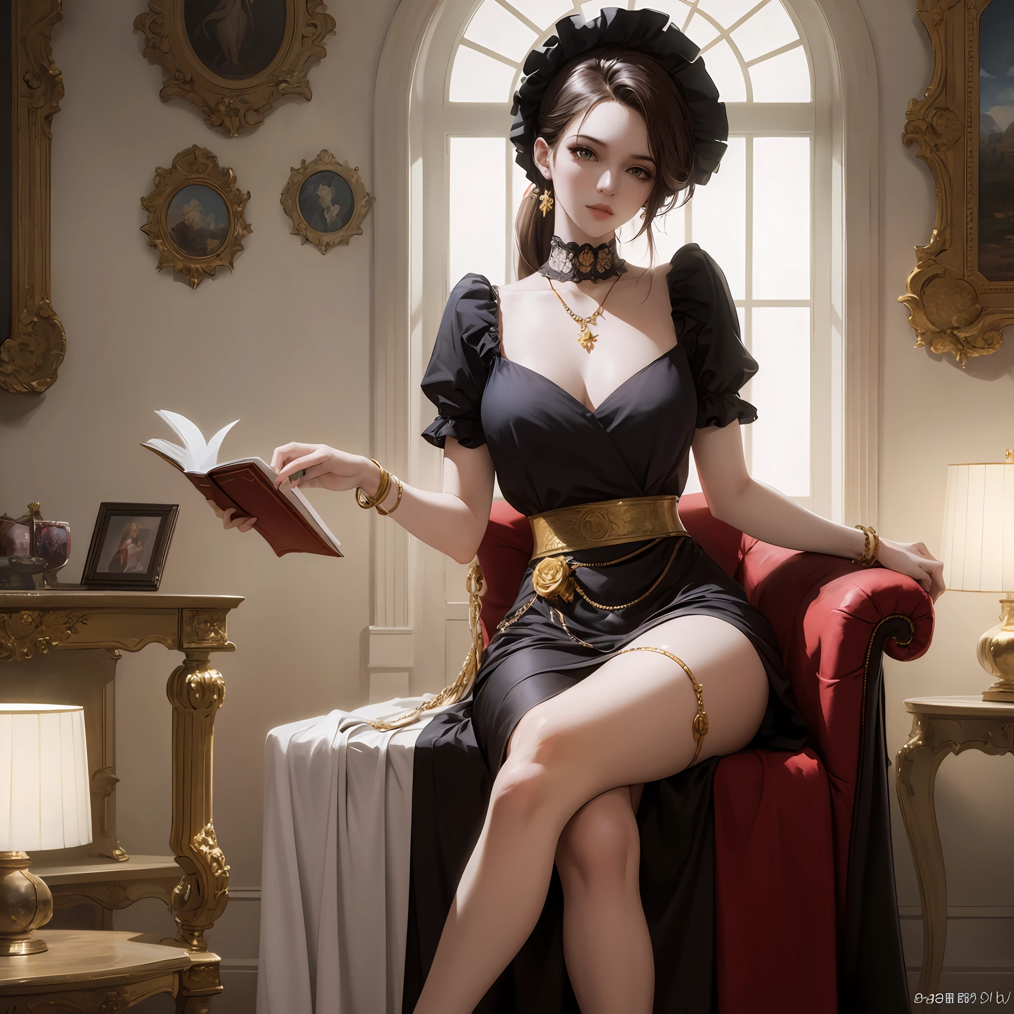 (tmasterpiece, best quailty, ultra detali, 8k, Epic painting), An anime-style girl sitting upright, black gown, The figure of the golden ratio, Reading the Bible. --auto