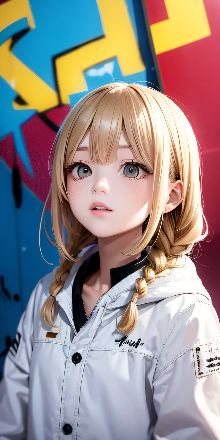 need,tmasterpiece,whaite hair,Golden eyes,white coats,Look up,Upper body body,Hairline,Fair skin,SideBraid,graffitti background