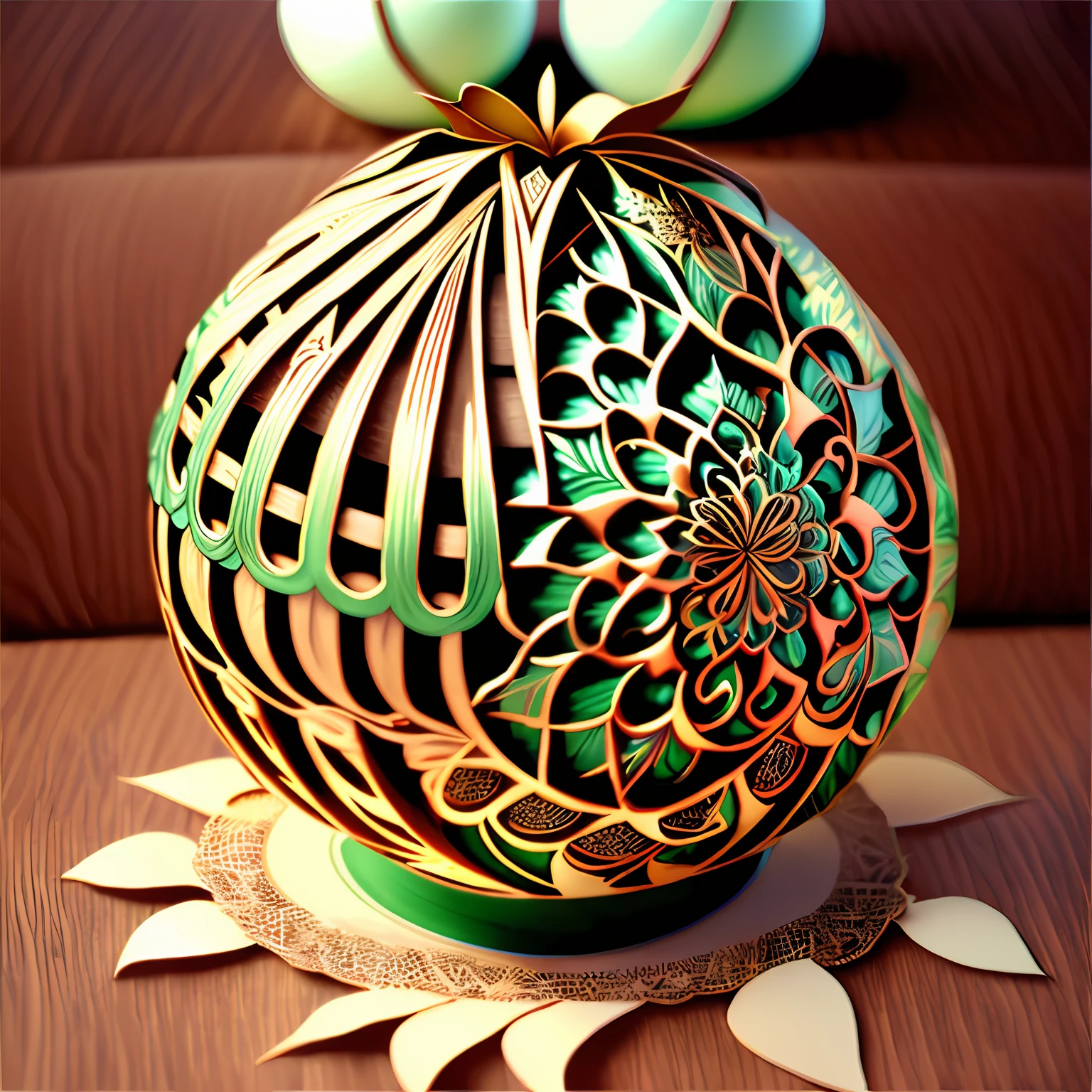 Um close up de um enfeite de Natal com um design de flores, enfeiteo hiper detalhado, Ornamentado, enfeite, enfeiteos detalhados, muito enfeiteado, enfeiteo intrincado, enfeiteos decorativos, enfeiteos decorados, Ornamento, enfeiteos intrincados, enfeiteo mourisco bonito, embellished decoration, enfeiteação, Geometric shaving, bola, elaborate geometric shaving, festivo, Processado, enfeiteal, redondo, organic ornament --auto