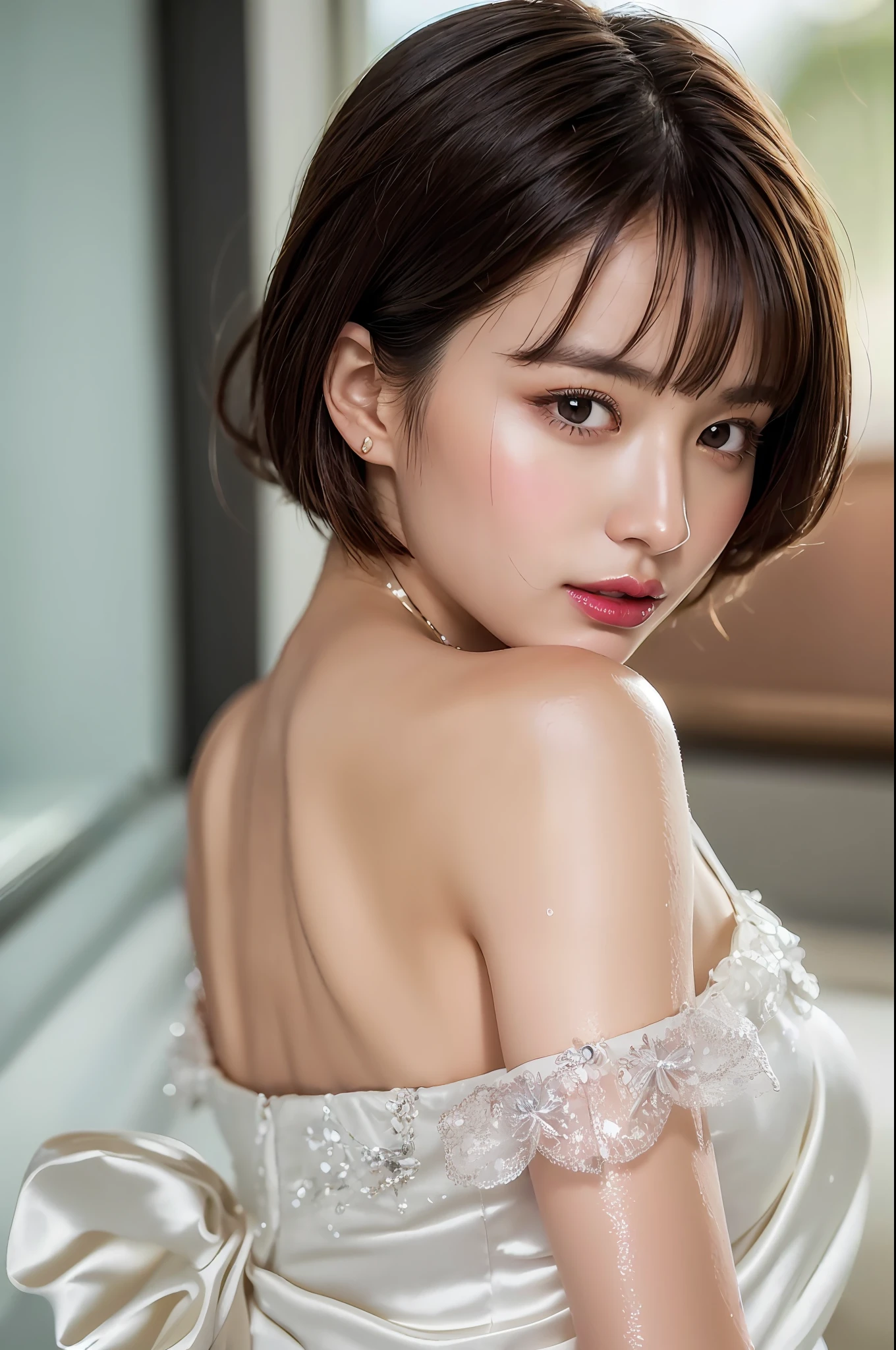japanese beautiful woman,Ultra detailed skin,Ultra-fine,toView,Brown-eyed,drooing eyes,high detailing,(short-haired with bangs:1.2),(photorealisitc:1.4),(Top image quality:2.0),(Super-High Resolution:1.0), (masterpiece:1.5),(pureerosface_v1:1.5),big eye,cleavage of the breast,Dynamic lighting,the skin is wet,Bright pink and sparkling lipstick,White and beautiful skin,glossy satin fabric dress,20 yrs,Rear view,sitting on,turned around