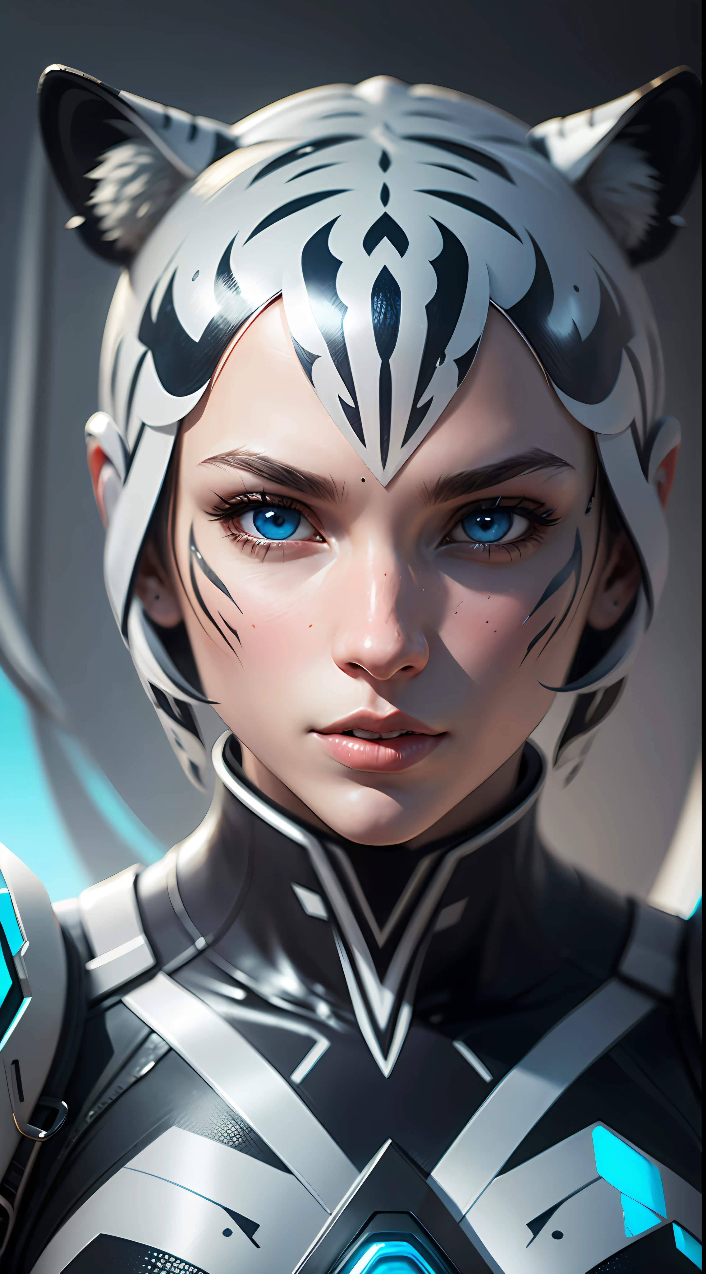 white tiger (skin texture), blue eyes, futuristic, white background, white predominant color, body regions with tech mechanics, blue accents, highly detailed body, intricately detailed, fine detail, hyperdetailed, ray tracing, subsurface scattering, lighting soft diffused, shallow depth of field, by Oliver Wetter, Intricate, high detail, sharp focus, full body + ultra, realistic, detailed face, ultra realistic details, cinematic style Clear Light + full body, 8k, rendering, ultra detailed, light side, sunlight beauty, clear light