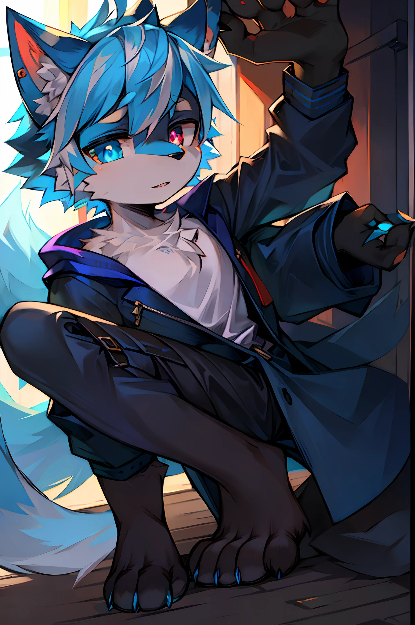 Wolf Ear Shota,Red and blue heterochromatic pupils,standingn,Blue-white hair