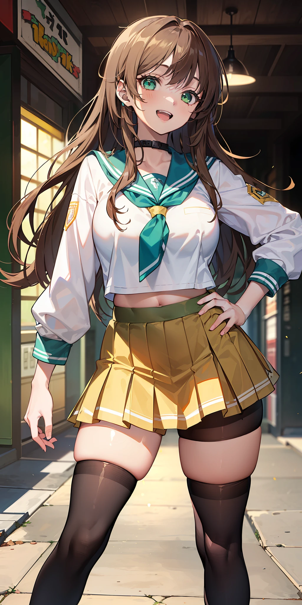 ((masterpiece)), ((best quality)), ((anime profile style)), ((HD 4k)), ((female character)), ((High school girl)), ((Body cute)) , girl, female face, Happy, smiling, open mouth, teeth showing, unkempt lips, ((tan skin)), brunette, ((Light green eyes)), Eyelid, Pupil, Sclera, Iris, eyebrow , eyelashes , ear, nose, ((fur)), ((long brown hair)), ((hairlights effect)), (long-sleeved shirt), (blouse on top), (female school jacket), (short skirt ), (tights), school shoes, ((light effect on clothing)), ((light effect on body)), neck, Shoulders, (thin waist), ((perfect belly)), arms, ( (thick legs)), ((big thigh)), Backstory, ((walking)), details in environment, surrounding objects, ((lighting)), viewer's view