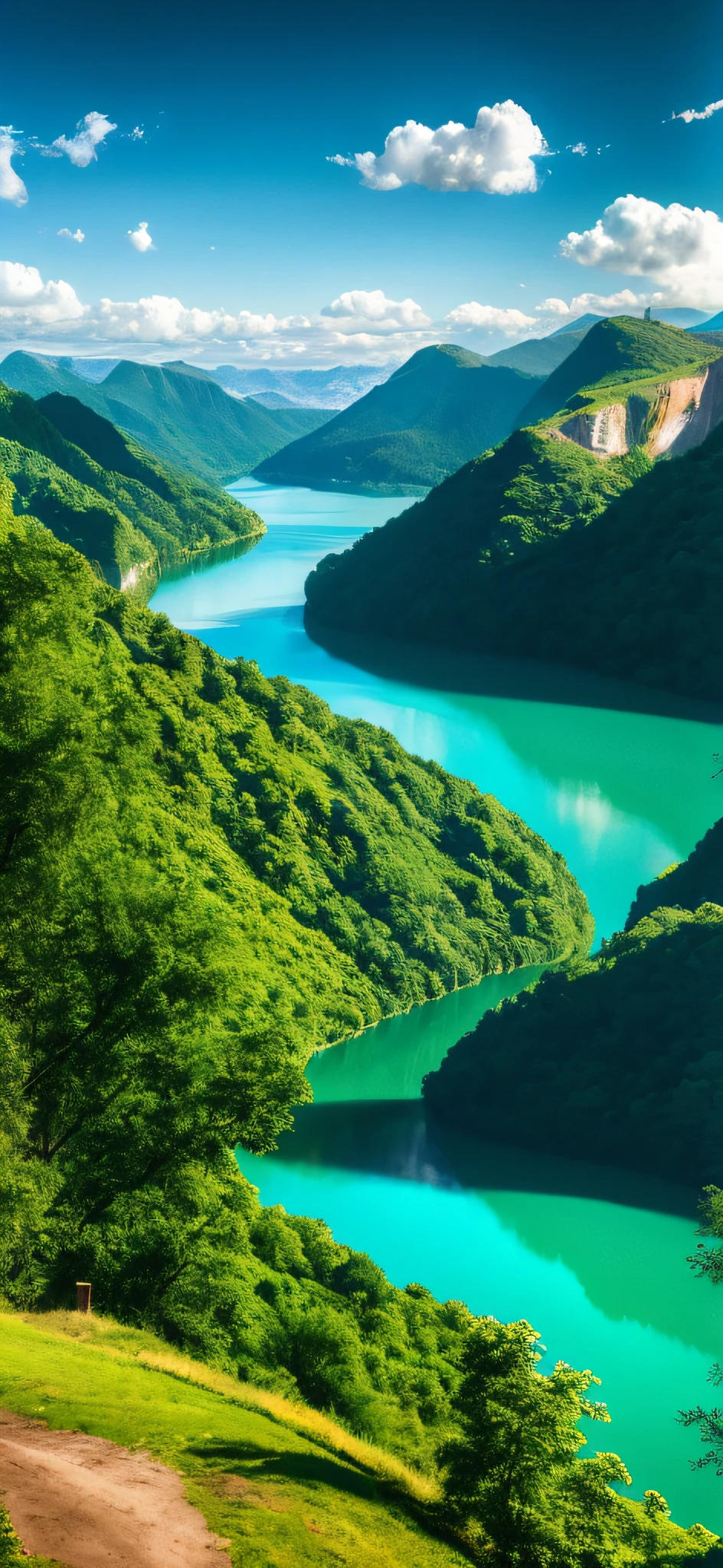scenery, outdoor, sky, cloud, day, no humans, mountain, panorama, water, tree, blue sky, waterfall, cliff, nature, lake, river, cloudy sky