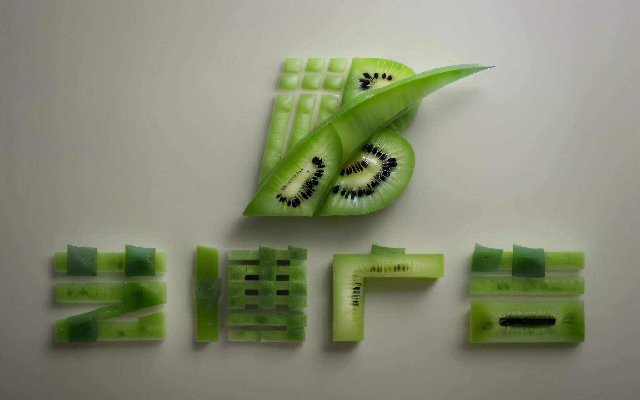Top top-down view，HighestQuali，Ice cubes in the background，The prospect is((Cut green kiwi meat pieces，A small amount of kiwi seeds))Place flat in a clear glass dish，studio lit，realengine，ommercial photography