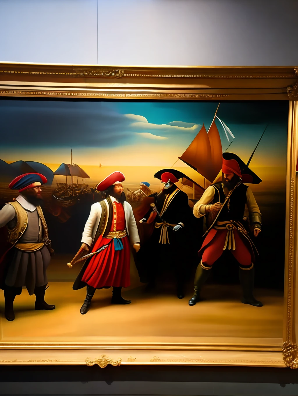 A group of pirates walking out of their own painting in a 3d effect in a museum.