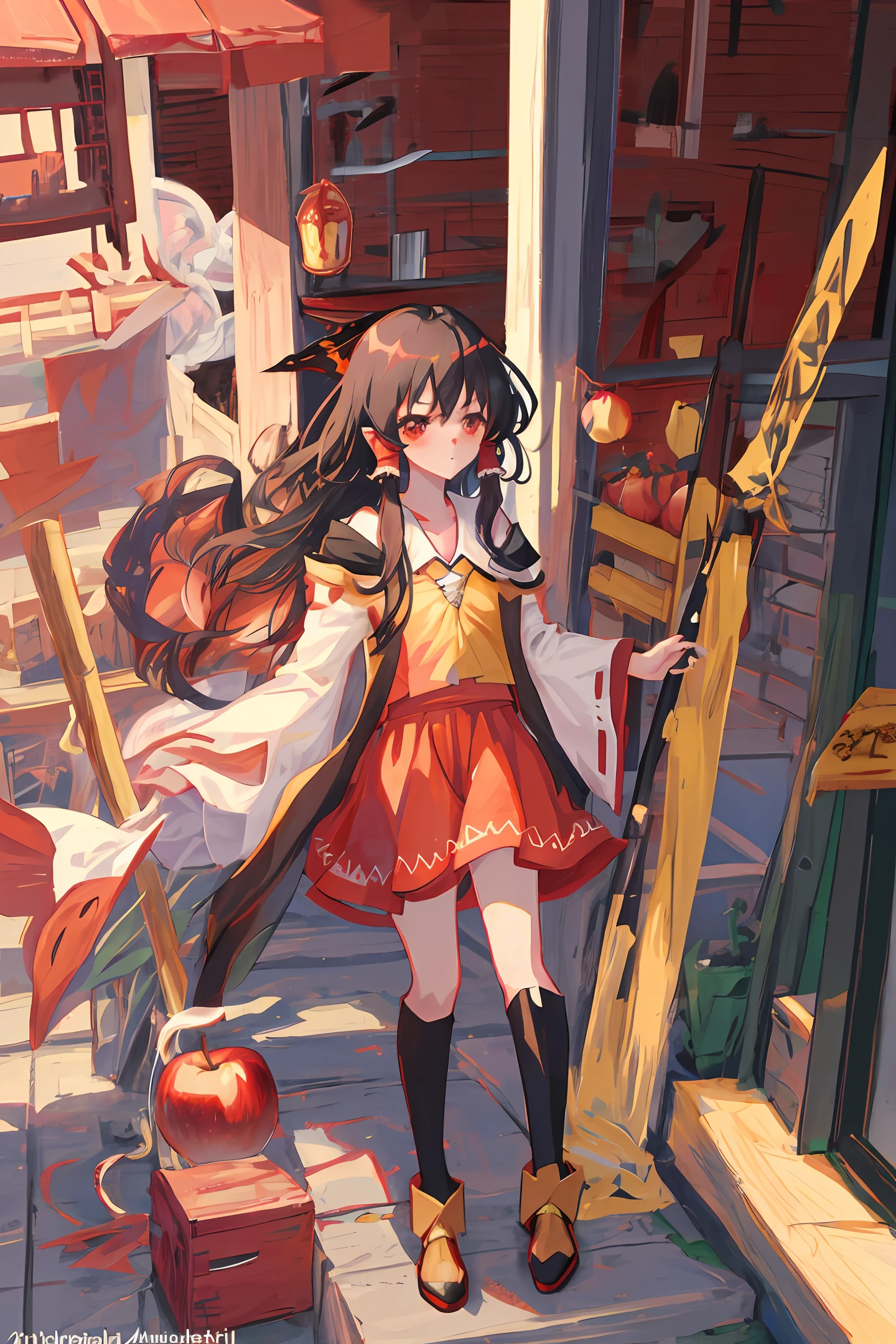 anime girl in a witch costume holding a pole and a red apple, megumin, black - haired mage, half invoker half megumin, artistic render of reimu hakurei, zerochan art, reimu hakurei, megumin from konosuba, flirty anime witch casting magic, rin tohsaka