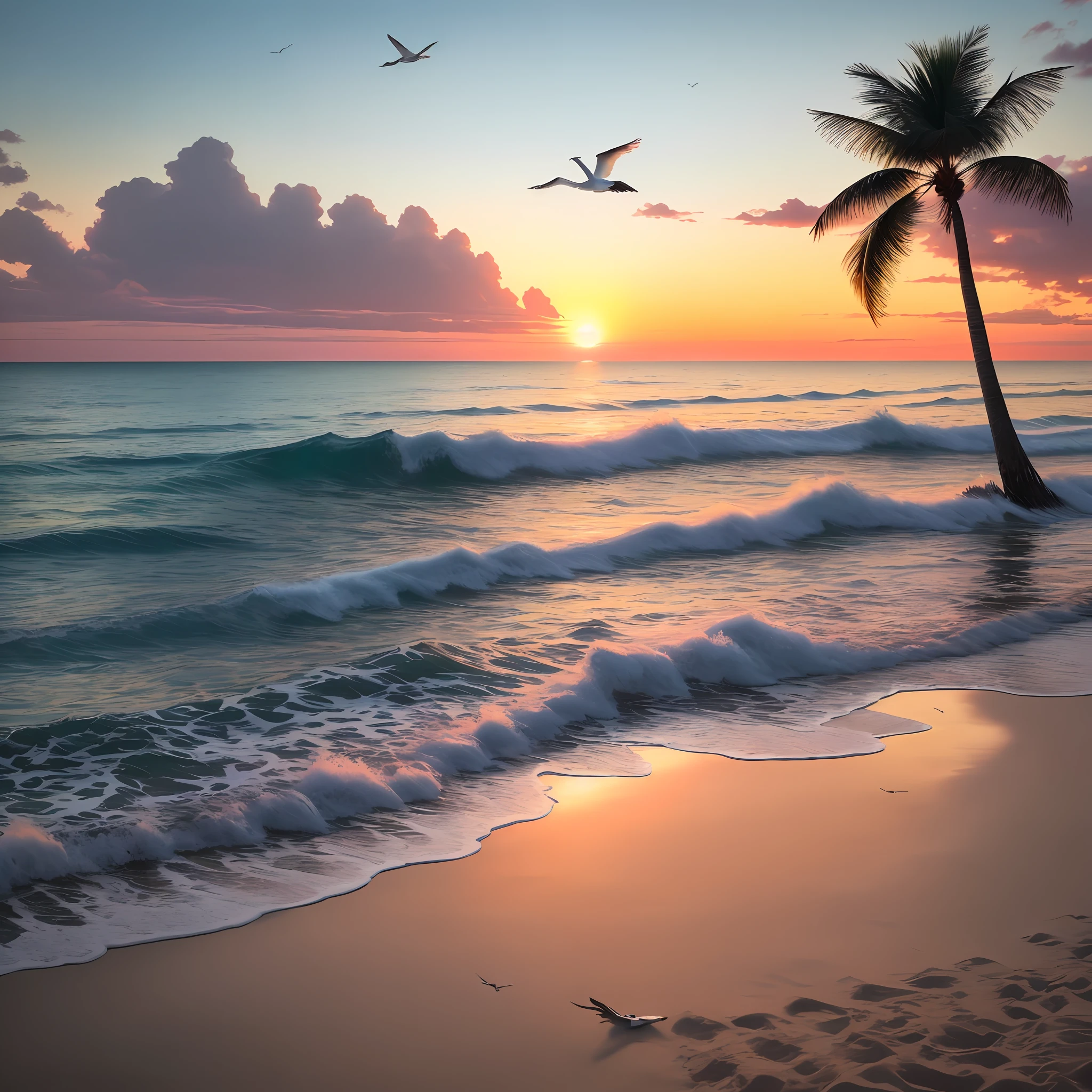 Absolutely mesmerizing sunset on the beach with a mix of oranges, pinks and yellows in the sky. The water is crystal clear, gently kissing the shore, and the white sand is endless. The scenes are action-packed and breathtaking, with seagulls soaring high in the sky and palm trees swaying gently. Immerse yourself in the calm atmosphere and let the serenity surround you.