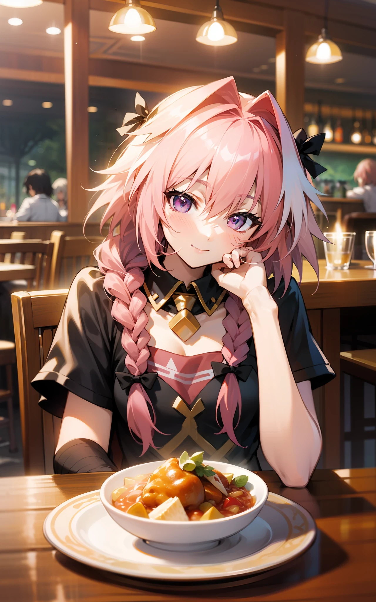 beste-Qualit、hight resolution、detaileds, (astolfo)、Drawn by an anime studio、Dine at a restaurant in a bright amusement park、Long braids、