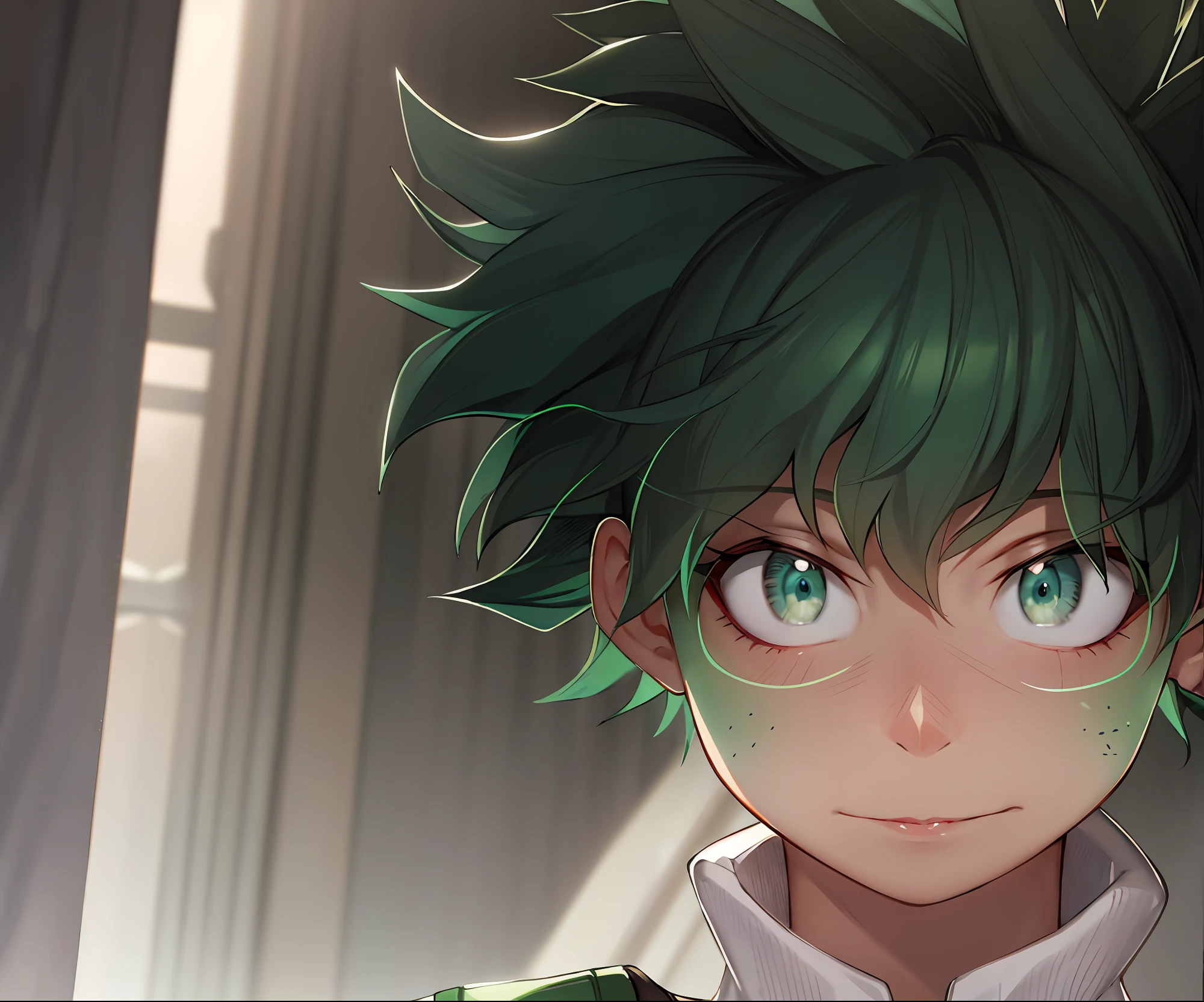 realistic, 8k, photorealistic, Izuku Midoriya, deku, green eyes, good lighting, sun, light rays, morning