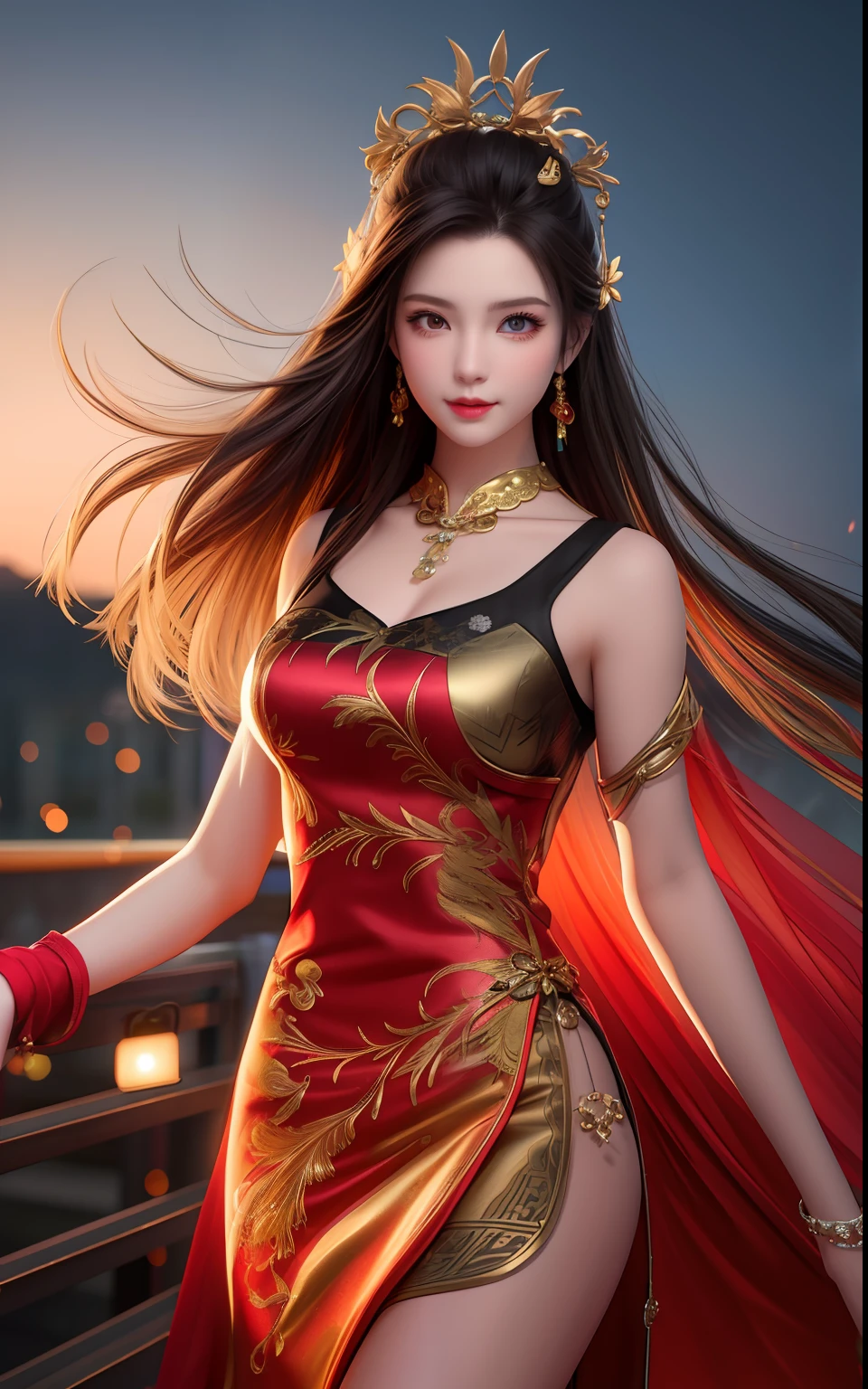 8K Raw photograph, best quailty, tmasterpiece, The ultra-Highres, (Taoist costume mythology ), a color, (realisticlying:1.4), RAW photogr, 1 godess, Tall women, being thin, slim_legs, 独奏, (perfect body type), Flame, golden light, Flash drawing, (full bodyesbian), Phoenix anthropomorphic