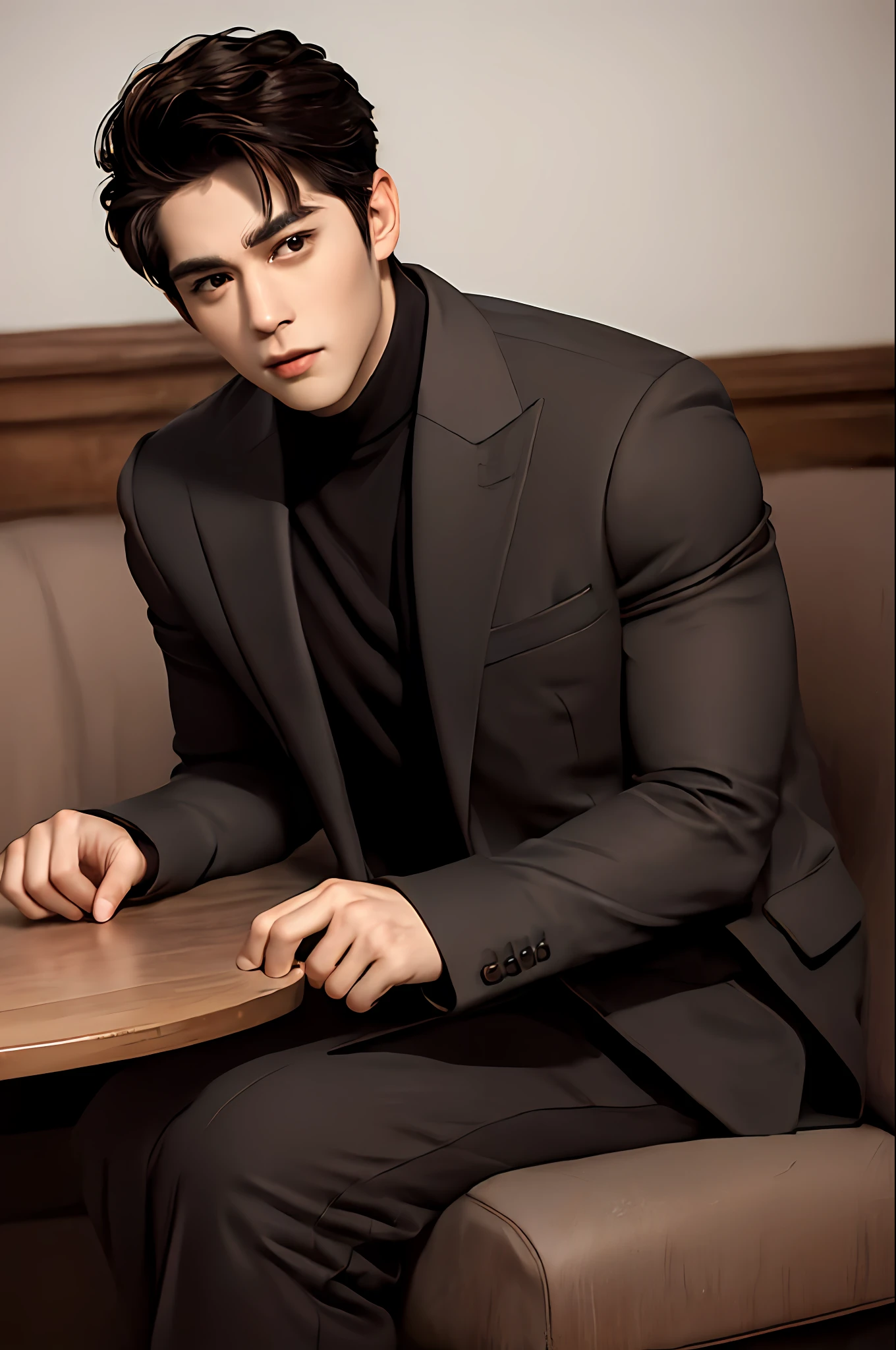 best illustration, best quality, magnificent background, male focus, brown skin, 1 boy, squat, solo, black eyes, look into the audience portrait, short black hair, sitting, asian man, 30 years old rather muscular man in suit, masterpiece, top quality, 8k UHD, digital slr, realistic painting art, thick and dignified curved eyebrows, eyes clear and large, Chiseled face, large nose, broad forehead, brown skin, dark eyes