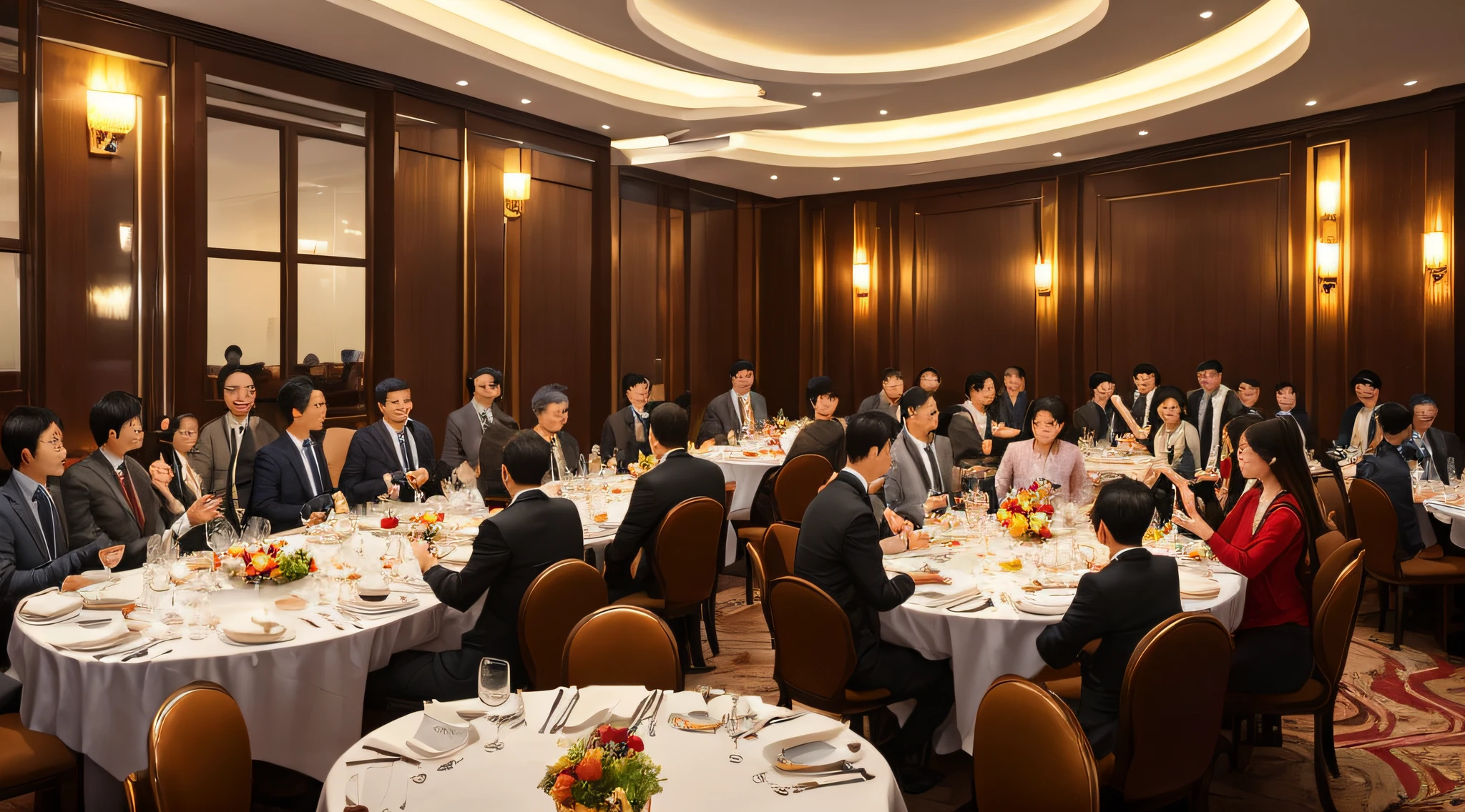 The ultra -The high-definition,Best quality,A group of guests sit in the hotel for dinner,中景 the scene is --auto