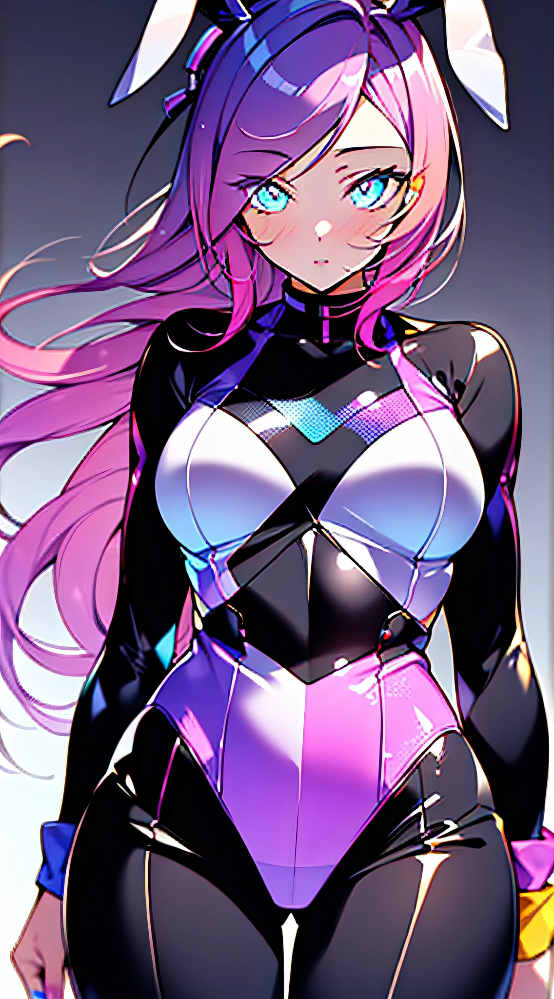1girl, ((masterpiece, best quality:1.2)), (masterpiece:1.6), (gradient), (multicolored hair, glowing eyes), (ultra beautiful and tender face), (sexy and petite body:1.1), reverse bunny suit:1.4, best anatomy, unique, bubblegum, plushies, colorful, scenery:1.2, sexy pose:1.1