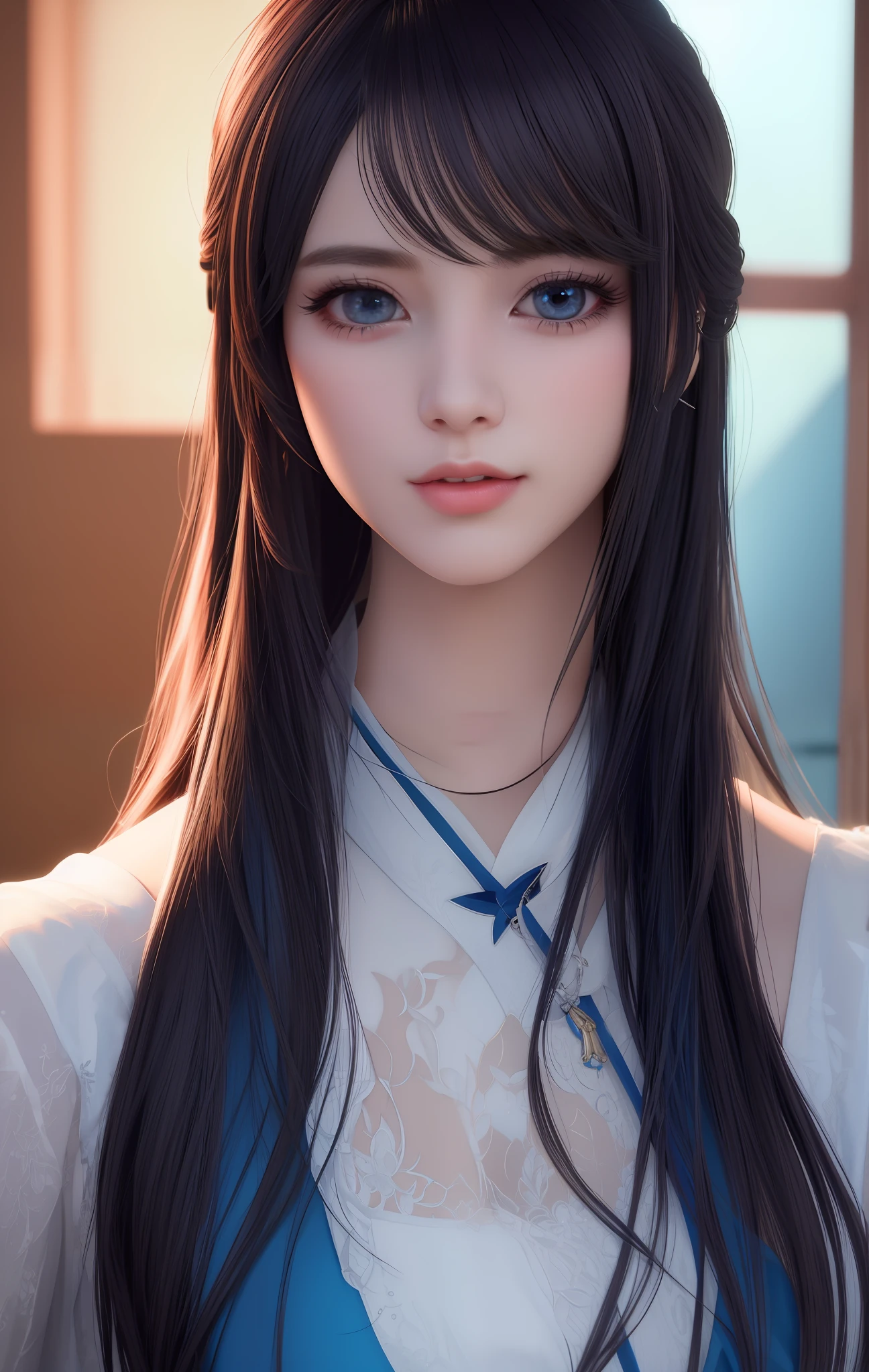 ulzzang -6500-v1.1, (photorealisitc:1.4), animated cartoon、anime styled、ssmile、portraitures、Beautiful and moisturized blue eyes like clear glass、Beautiful detailed woman, extremely detailed eye and face, Beautiful detailed eyes,  huge filesize, ultra-detailliert, hight resolution, highly detaile, beste-Qualit, ​masterpiece,  illustratio, highly detaile, PBR, unification, 8 k wallpaper, splendid, finely detail, ​masterpiece, beste-Qualit, Highly detailed ticker uniform 8K wallpaper, Light on the Face、电影灯光、19-year-old girl