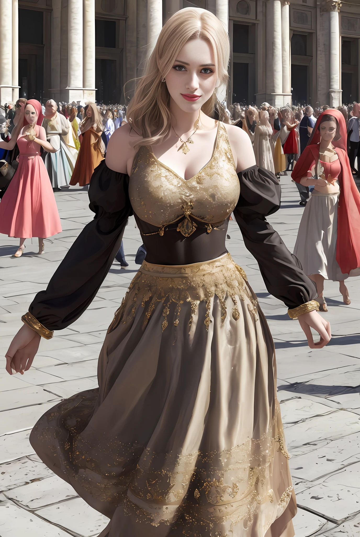 (masterpiece, best quality, realistic),
1girl,(on the St. Peter's Square of Vatican,crowd), St. Peter's Square of Vatican background, gypsy dress, dancing, intricate dress, gold,banquet, crowd, picking up skirt,pale skin,
[slight smile],