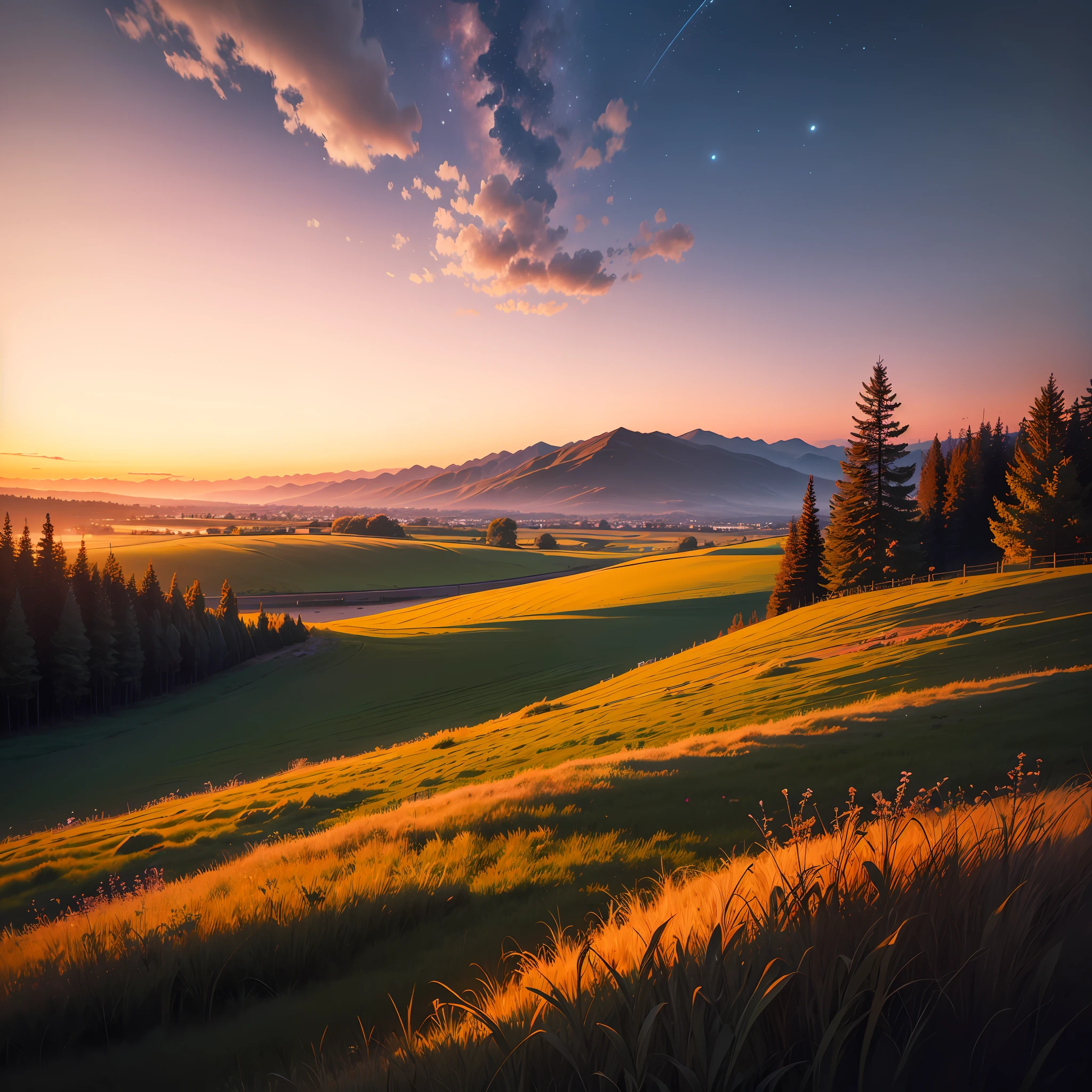 night time view,Look down at the sky,Red sky,grass field, --auto