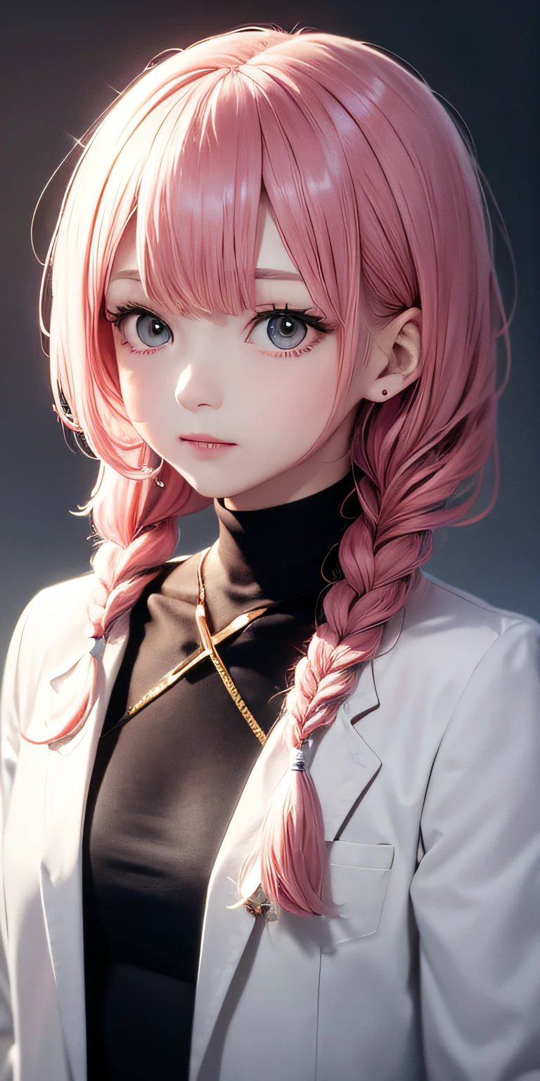 need,tmasterpiece,pink hair,Golden eyes,white coats,Look up,Upper body body,Hairline,Fair skin,SideBraid