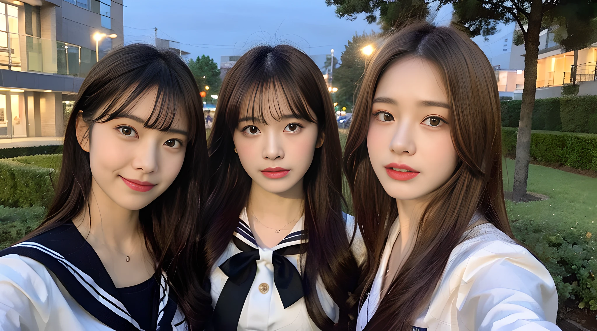 (8K,Raw photo、Raw photo、beste-Qualit、Master masterpiece:1.2)、ultra-detailliert、Super Resolution、(photorealisitc:1.5)、high resolution RAW color photos、professional photograpy、（Very beautiful and detailed night tree-lined avenue 1:1.37）((A beautiful moonlit night))、fullmoon、Very detailed and beautiful、Ultra-high image quality、High school girl in sailor suit、（Puffy cheeks）Detailed uniforms、Each face has its own distinctive features、Different face patterns、Farbe々Hairstyle、Brown hair fluttering in the night breeze、Hair swaying and sexy、Very detailed beautiful girl、（Pink Eye Shadow）、Red tie、Puffing up face、Pouting、Puffy face、He looks at me with his face puffed up.、Burikko、Buriko Pose