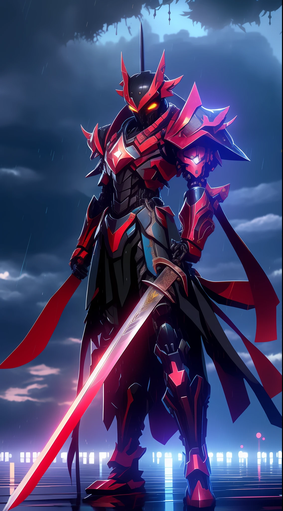 a close up of a person holding a sword in the rain, From Arknights, very beautiful cyberpunk samurai, anime mecha aesthetic, anime cyberpunk art, cyberpunk knight, cyberpunk samurai, style of duelyst, anime mech armor, anime cyberpunk, cool mecha style, cyborg samurai, mecha asthetic, Black and red armor, gurenn lagann