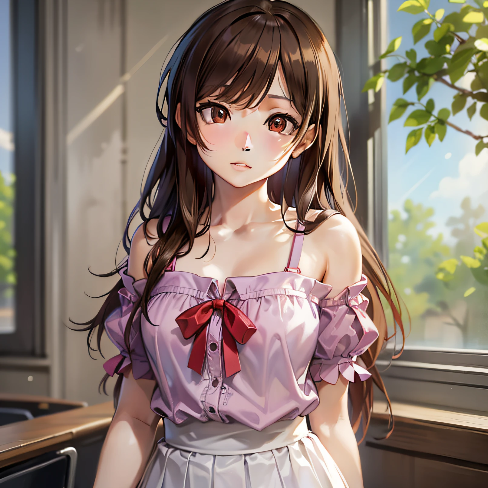 mizuharachizuru, mizuhara chizuru, (brown eyes:1.5), brown hair, long hair, (one side up:1.2), BREAK bare shoulders, collarbone, pink shirt, puffy short sleeves, puffy sleeves, red bow, shirt, short sleeves, skirt, white skirt, BREAK indoors, classroom, BREAK looking at viewer, BREAK (masterpiece:1.2), best quality, high resolution, unity 8k wallpaper, (illustration:0.8), (beautiful detailed eyes:1.6), extremely detailed face, perfect lighting, extremely detailed CG, (perfect hands, perfect anatomy),