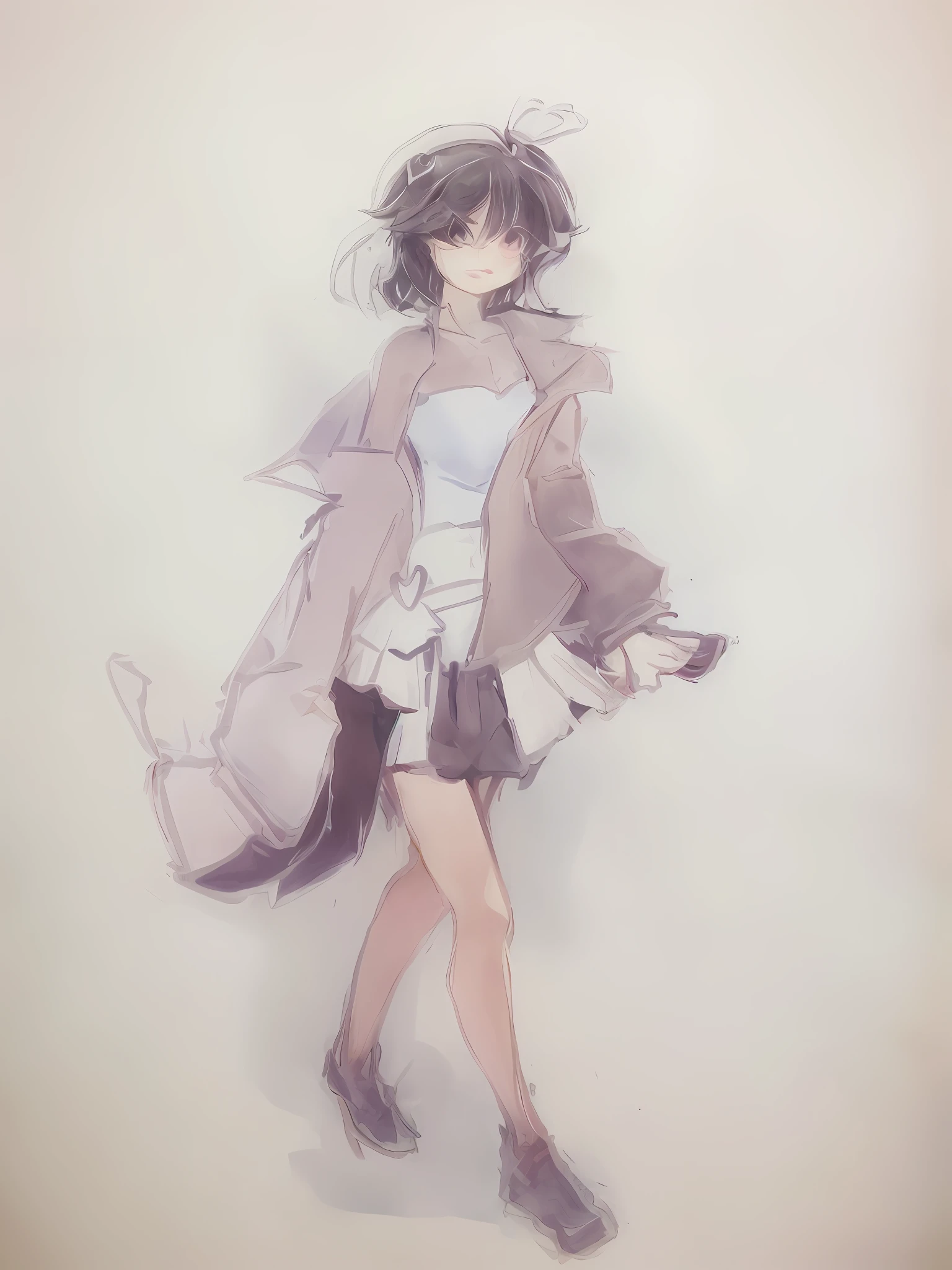 A picture of a girl in a wide coat and a short skirt, loli in dress, full body concept, full body portrait of a short!Full body character drawing, small curvaceous loli, pudica pose gesture, touhou character, Short hair, purple hair, and different pupils(The left eye is purple and the right eye is pink), kawaii ,idoly(ps I drew it in the classroom)