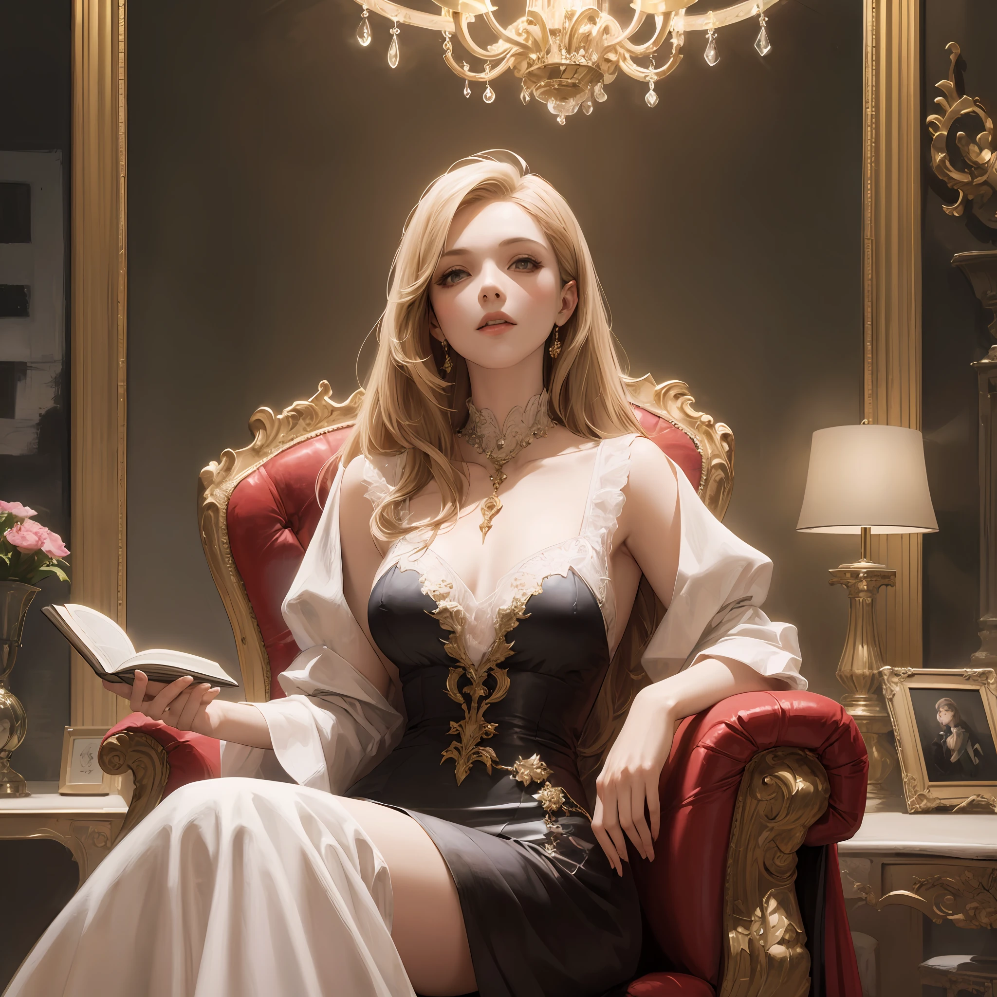 (tmasterpiece, best quailty, ultra detali, 8k, Epic painting), An anime-style girl sitting upright, black gown, The figure of the golden ratio, Reading the Bible. --auto