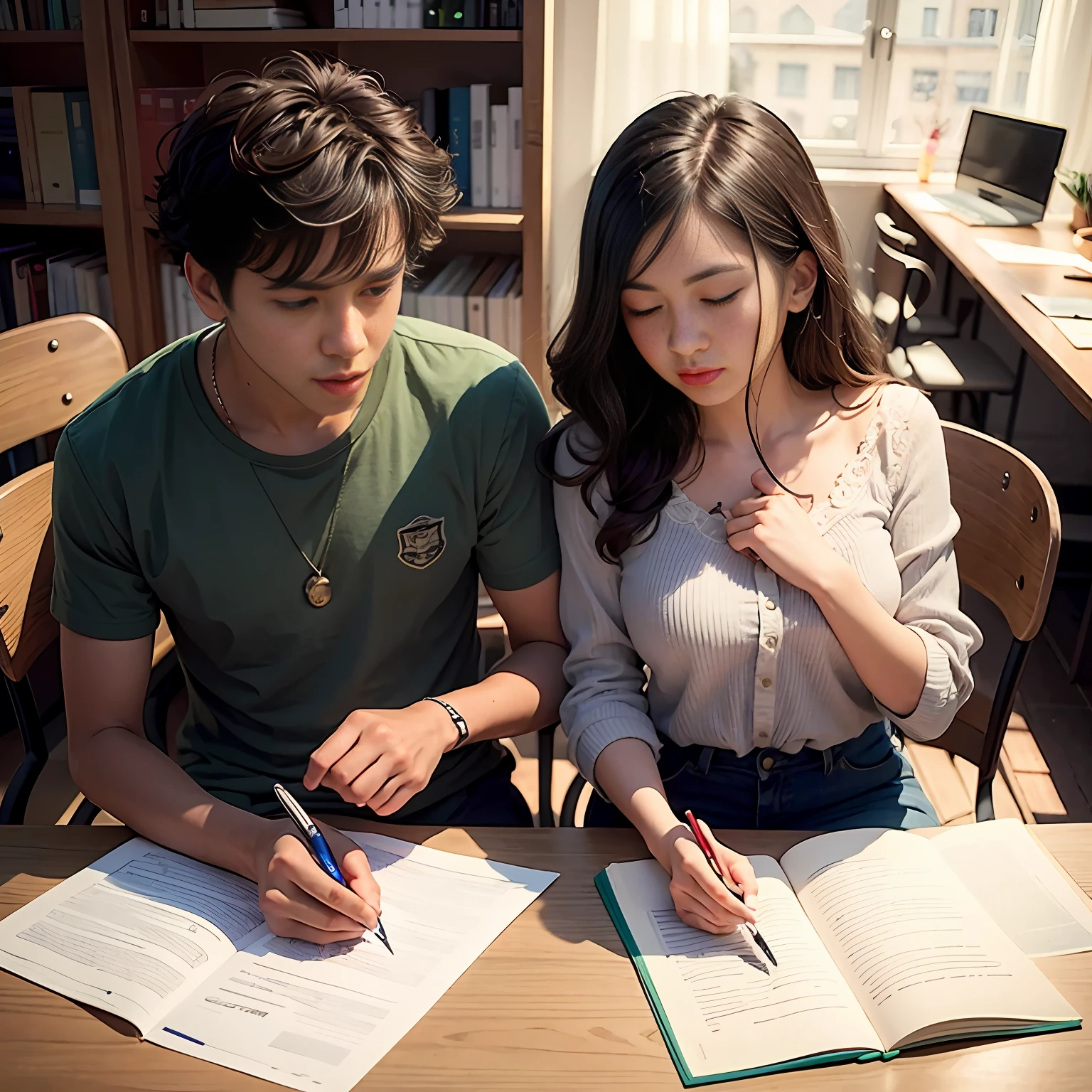 They sat at a table,Hold a book and a pen, pupils, Studious, studying in a brightly lit room, trying to study
