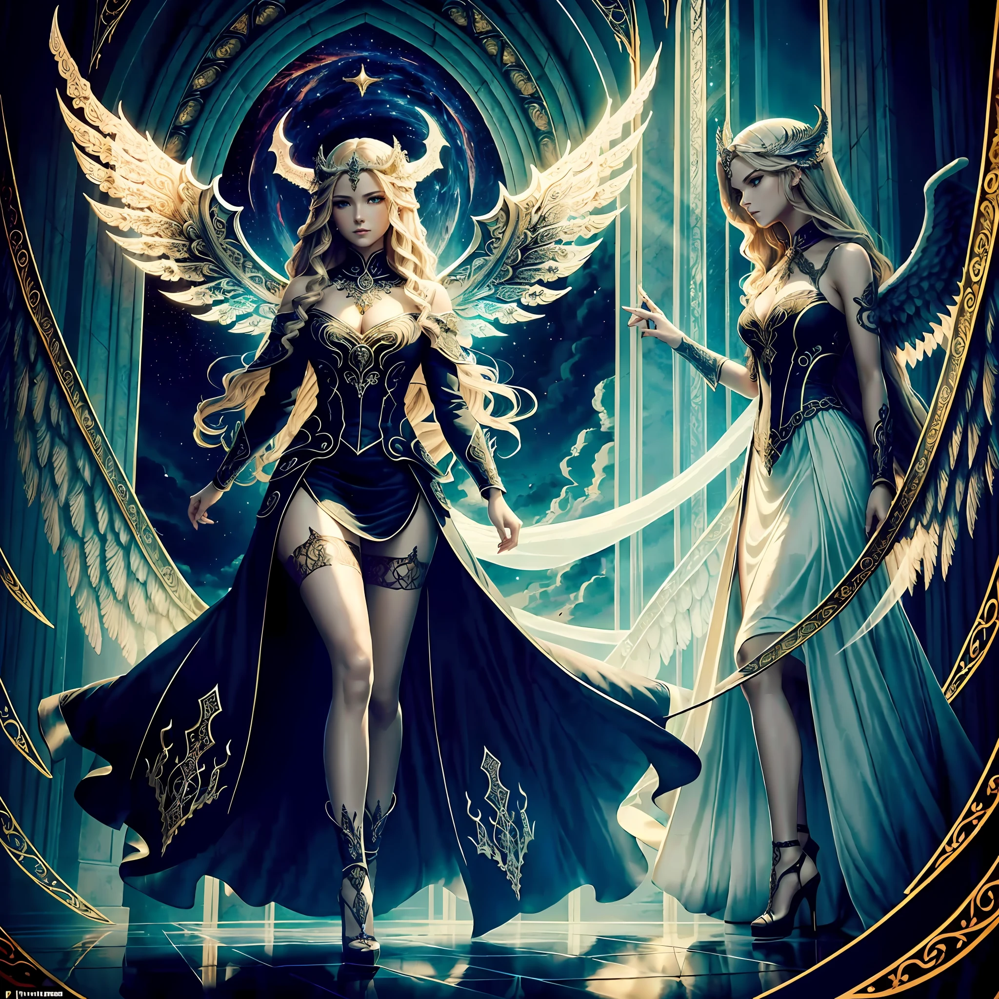 fantasy art, RPG art [[a picture of 2 women]], , a female angel (Masterpiece, 1.3, intricate details), wearing dress, pale skin, best details beautiful face (Masterpiece, 1.3, intricate details), blond hair, long hair wavy hair (Masterpiece, 1.3, intricate details), blue eyes, high heeled boots, wearing a dress (Masterpiece: 1.3, intricate details), large angelic wings, white angelic wings spread [AND] a female demon (Masterpiece, 1.3, intricate details), demon, red skin (Masterpiece, 1.3, intricate details), demonic wings, black demonic wings spread, demonic horns (Masterpiece, 1.3), red skin (Masterpiece, 1.3), black hair, red eyes, best details beautiful face (Masterpiece, 1.3, intricate details), wearing a dress (Masterpiece: 1.3, intricate details), high heels, in the border between heaven and hell, moon, stars, clouds, god rays, soft natural light silhouette, dynamic angle, photorealism, panoramic view (Masterpiece 1.3, intense details) , Wide-Angle, Ultra-Wide angle