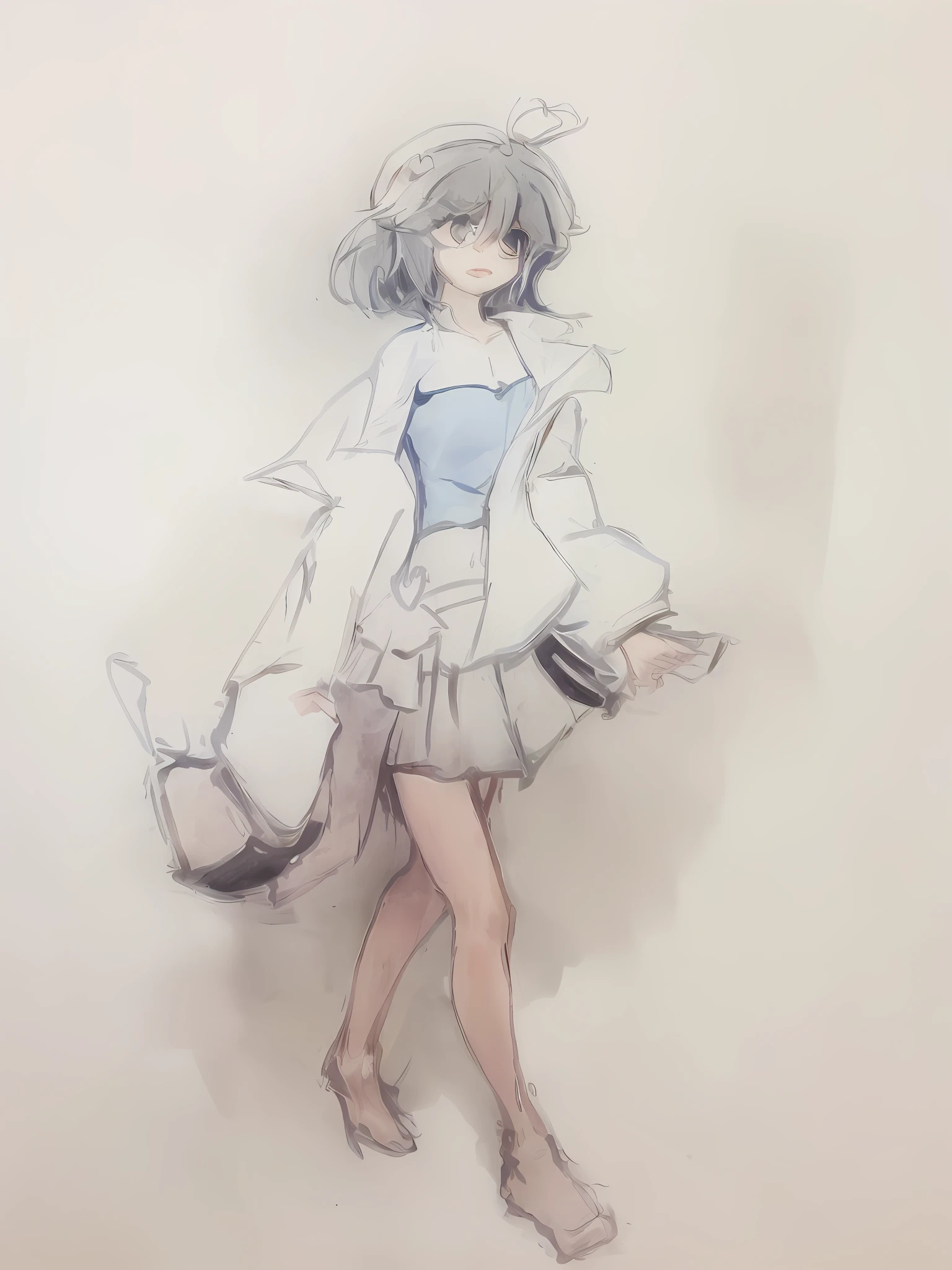 A picture of a girl in a wide coat and a short skirt, loli in dress, full body concept, full body portrait of a short!Full body character drawing, small curvaceous loli, pudica pose gesture, touhou character, Short hair, purple hair, and different pupils(The left eye is purple and the right eye is pink), kawaii ,idoly(ps I drew it in the classroom)