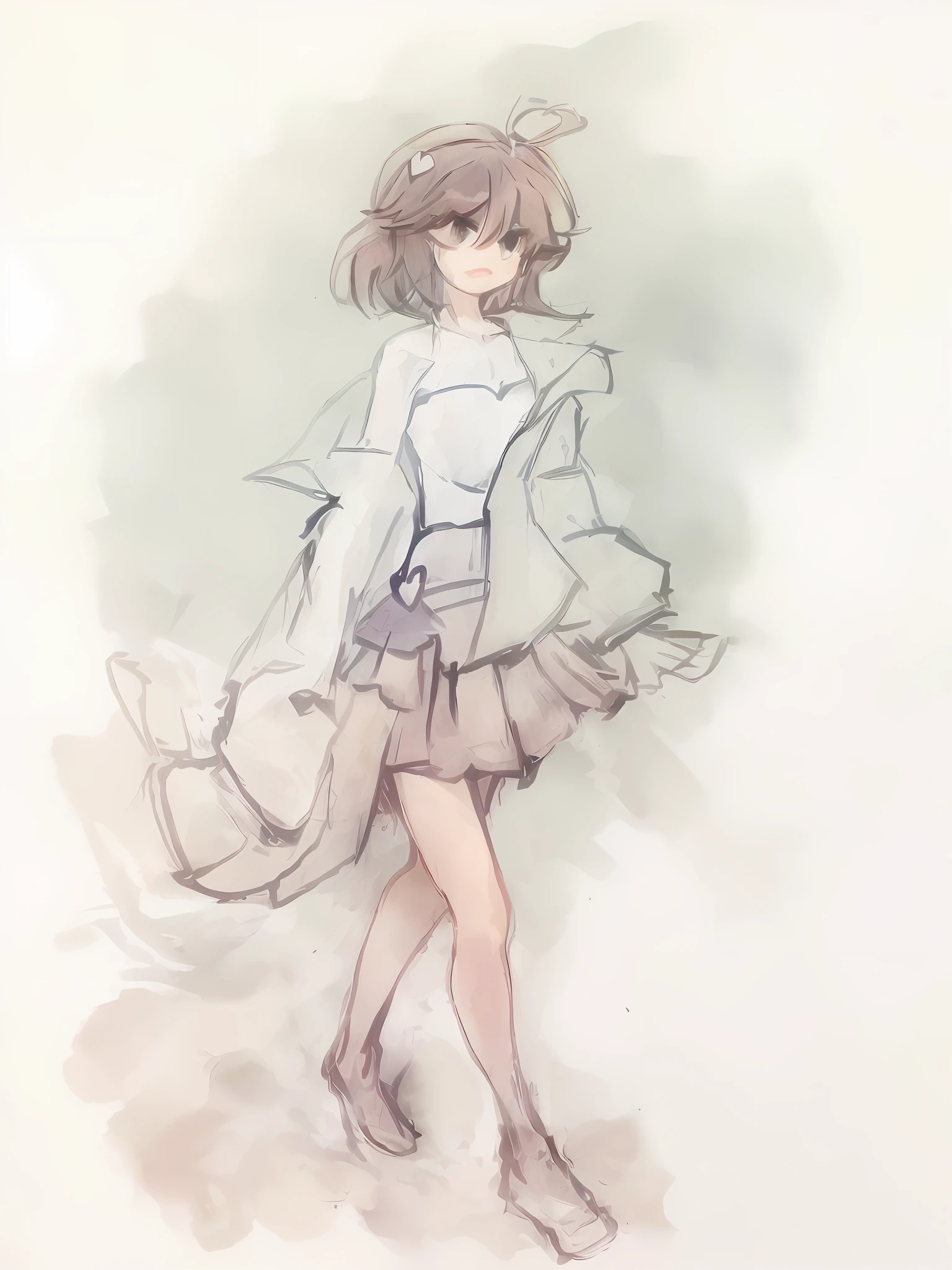 A picture of a girl in a wide coat and a short skirt, loli in dress, full body concept, full body portrait of a short!Full body character drawing, small curvaceous loli, pudica pose gesture, touhou character, Short hair, purple hair, and different pupils(The left eye is purple and the right eye is pink), kawaii ,idoly(ps I drew it in the classroom)