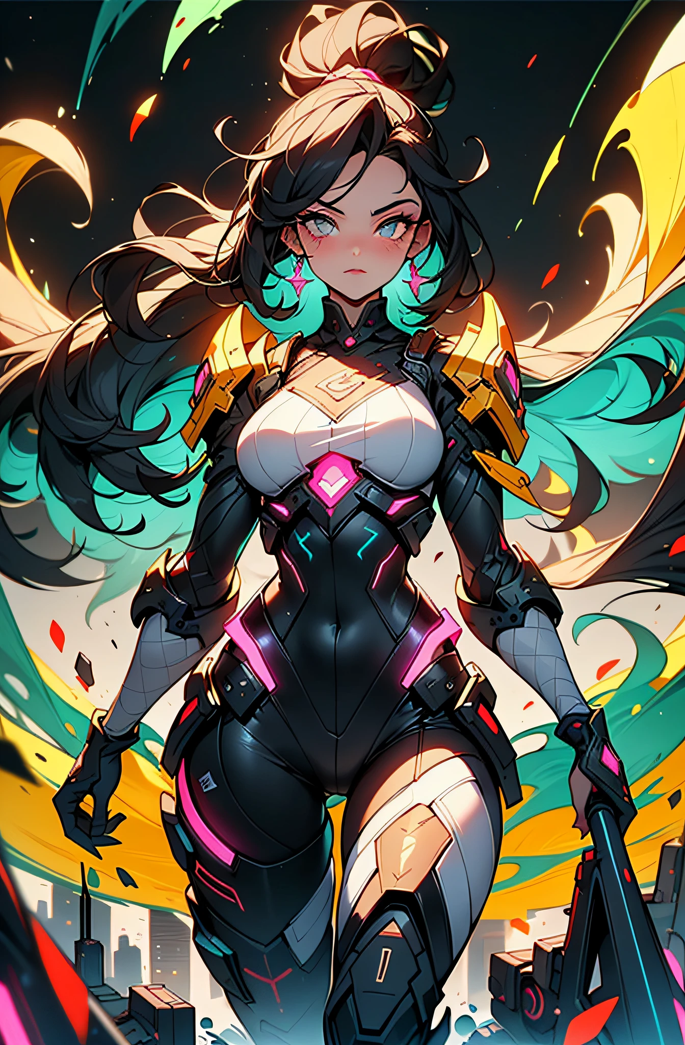 (masutepiece:1.2), Best quality, (Illustration:1.2),(Masterfully crafted Glow, Lens Flare), (Ultra-detailed), hyperdetails, (delicate detailed), (Intricate details), Synth Wave, (Cinematic Light, best quality backlight), Clear lines, solo women, solo women, Perfect body, (1girl in), Standing、Cyberpunk, (Bioluminescent hair), (Glowing eyes),(Perfectly transparent eyes) (Dynamic:1.2), ((makeup)), High contrast, (Best Illumination, extremely delicate and beautiful), ((Cinematic Light)), colourfull, Powerful, (Cinematic Masterpiece), super car, splashes of colour, absolutely eye-catching, ((colourful paint splashes on  background, dulux,)), (Beautiful colors for the background), ((Caustic)), Dynamic Angle, beautiful detailed smoke, (Captivating),(Intricately Detailed Cinematic synthwave city:1.1), Ambient Occlusion, ambient lights, raytraced reflections,