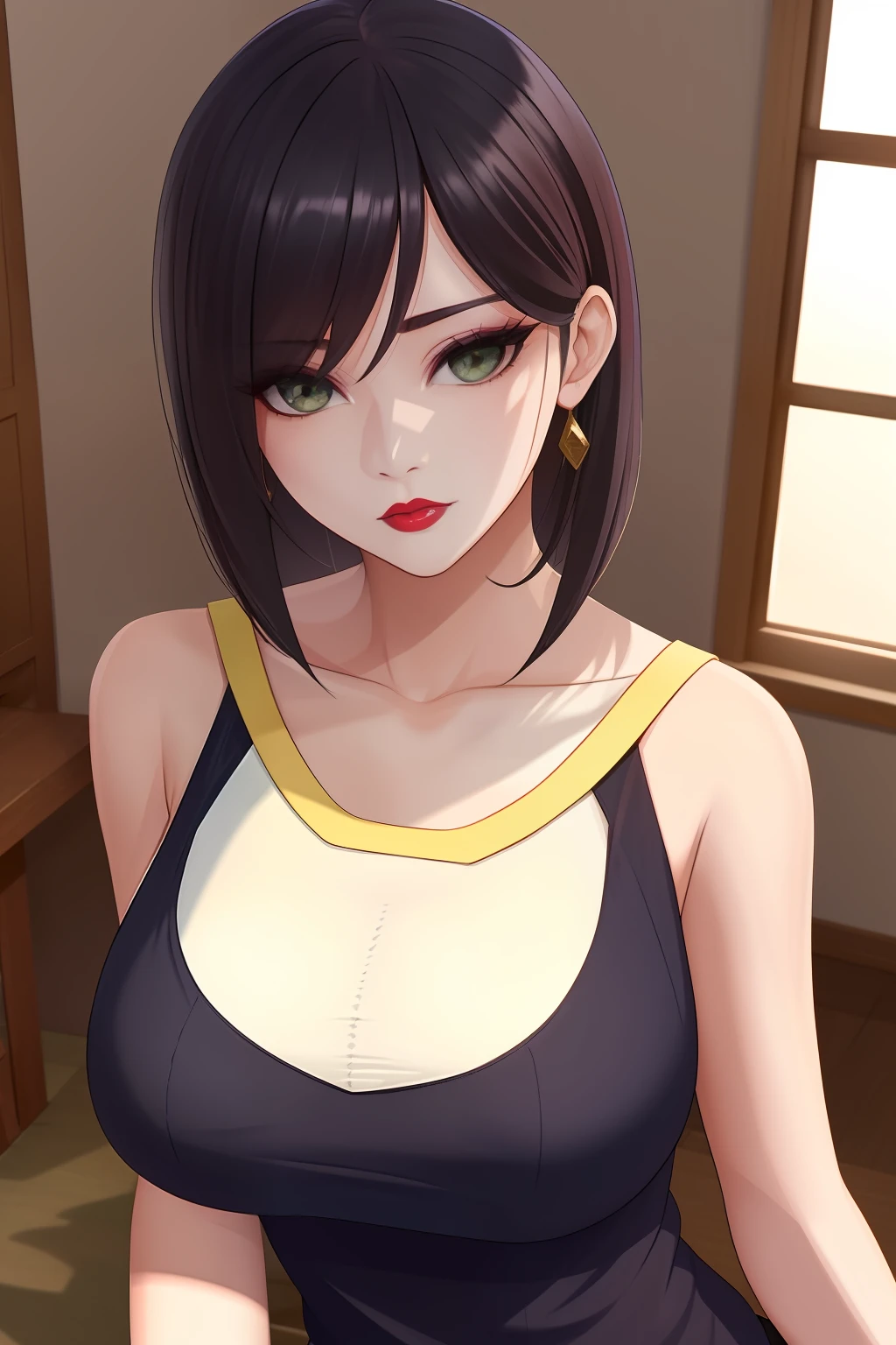 tmasterpiece, High- sharpness, high high quality, Detailed face, detailed body render, 1girl, 独奏, hyuga hyuga, Hinata sleeveless clothing,big covered breasts,, sleeveless shirts, Fishing net clothing, Dark lips, no brassiere, breasts out
, standingn, Be red in the face, (on bedroom)