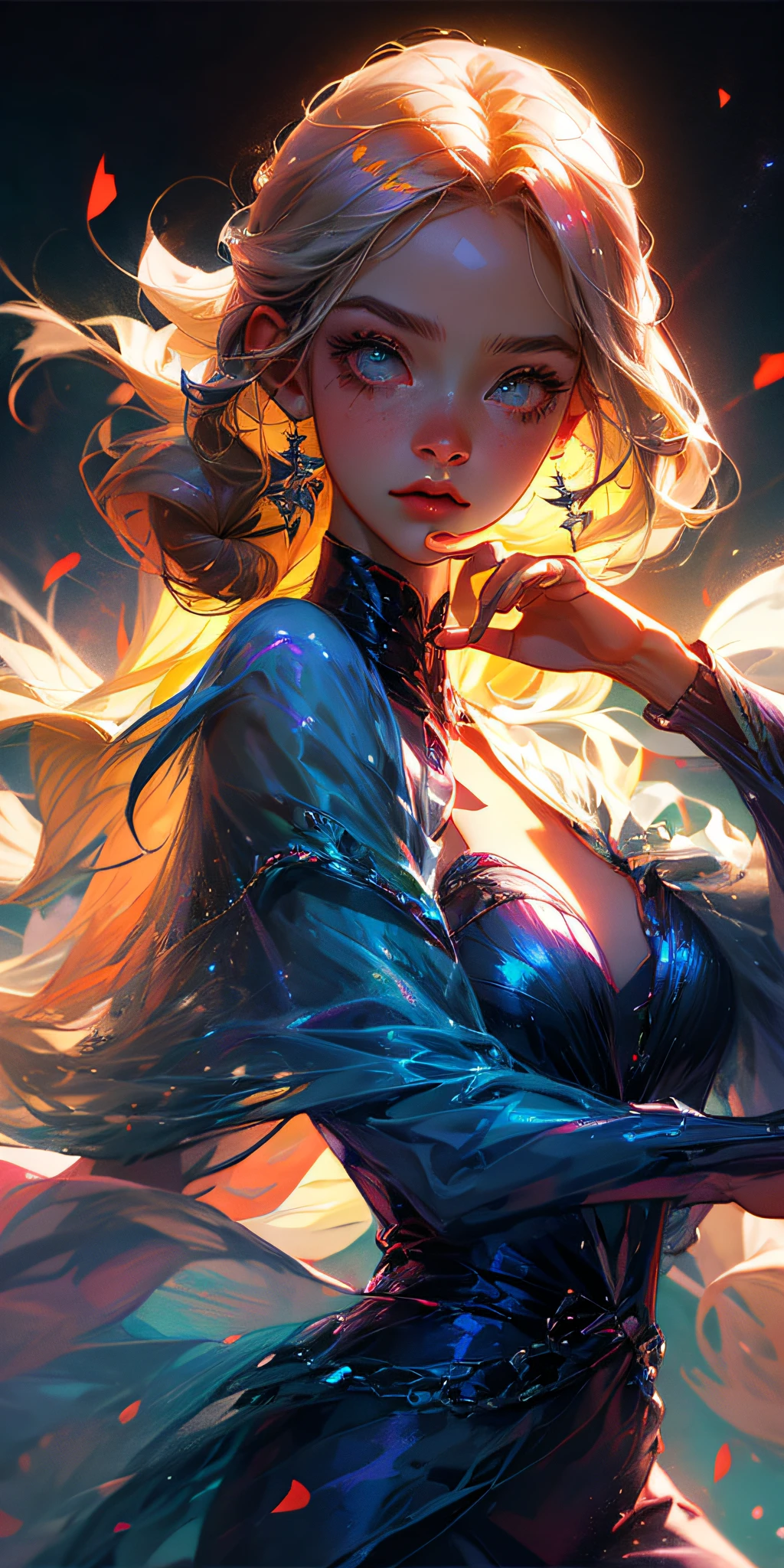 (best quality, masterpiece), 1girl, pose, particle, wind, flower, upper body, simple background, looking at viewer, blonde, galaxy,backlit,rim light,glow --auto