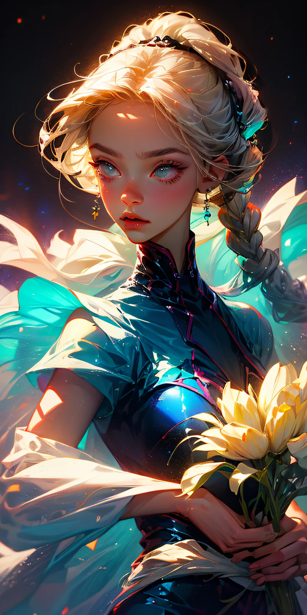 (best quality, masterpiece), 1girl, pose, particle, wind, flower, upper body, simple background, looking at viewer, blonde, galaxy,backlit,rim light,glow --auto